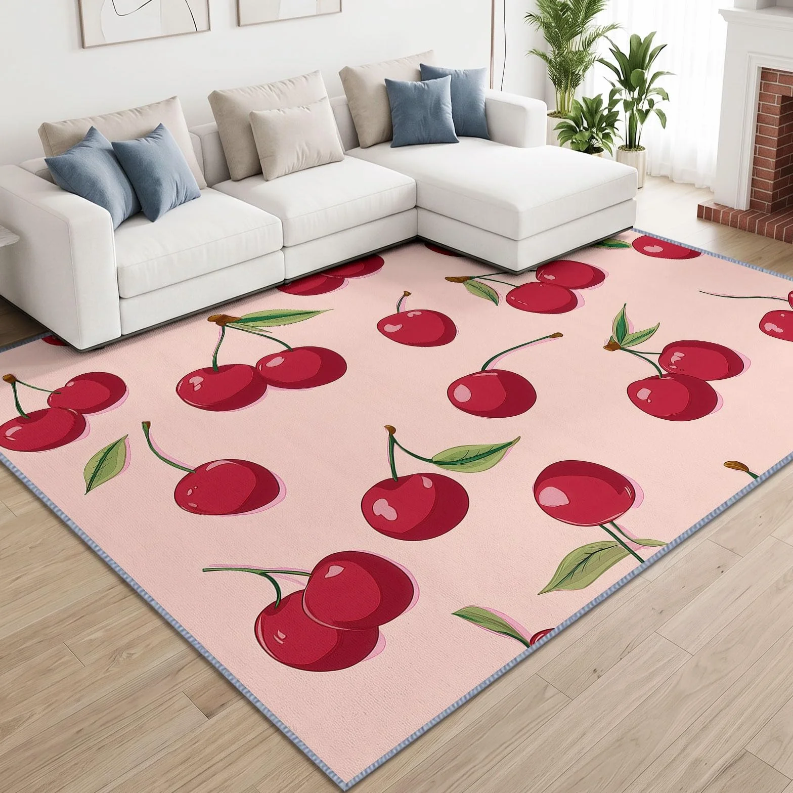 Zmywalny dywan do salonu, 140 x 200 cm, pop-art, nowoczesny, antypoślizgowy, z niskim włosiem, liście wiśni, owoców, duży dywan do sypialni, kuchni, jadalni, pokoju dziecięcego, przedpokoju