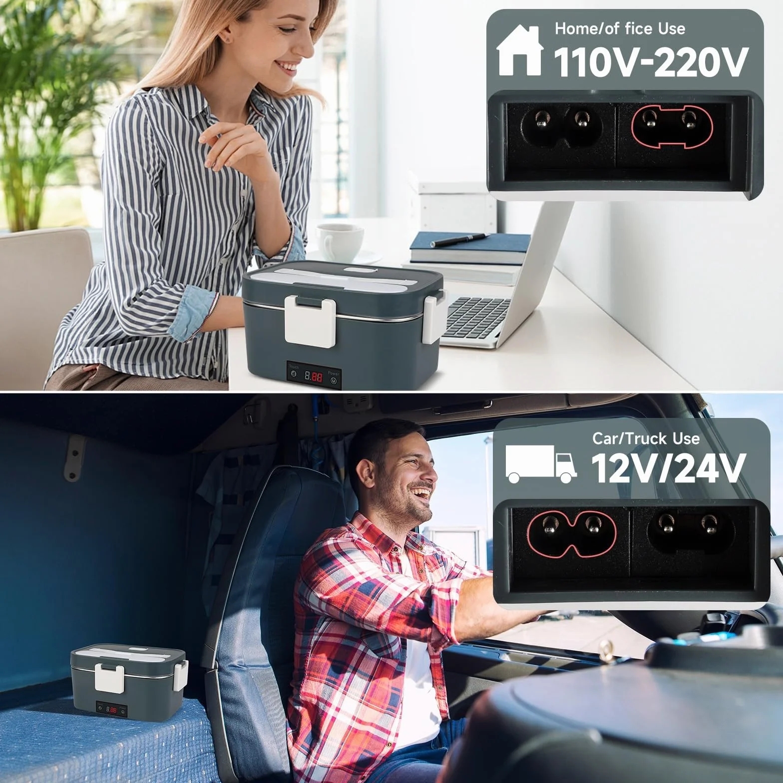 Elektryczny pojemnik na lunch dla dorosłych, przenośny, elektryczny pojemnik na lunch, wyposażony w izolowaną torbę i sztućce, idealny do pracy, szkoły i podróży (szary + zielony)