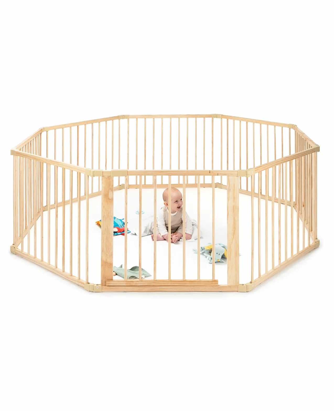 Tavora Kojec dla niemowląt i małych dzieci, drewniany plac zabaw z jasnego drewna świerkowego z drzwiczkami, 8 elementów po 90x68 cm, bezpieczna barierka chroni przy raczkowaniu i stawianiu kroków