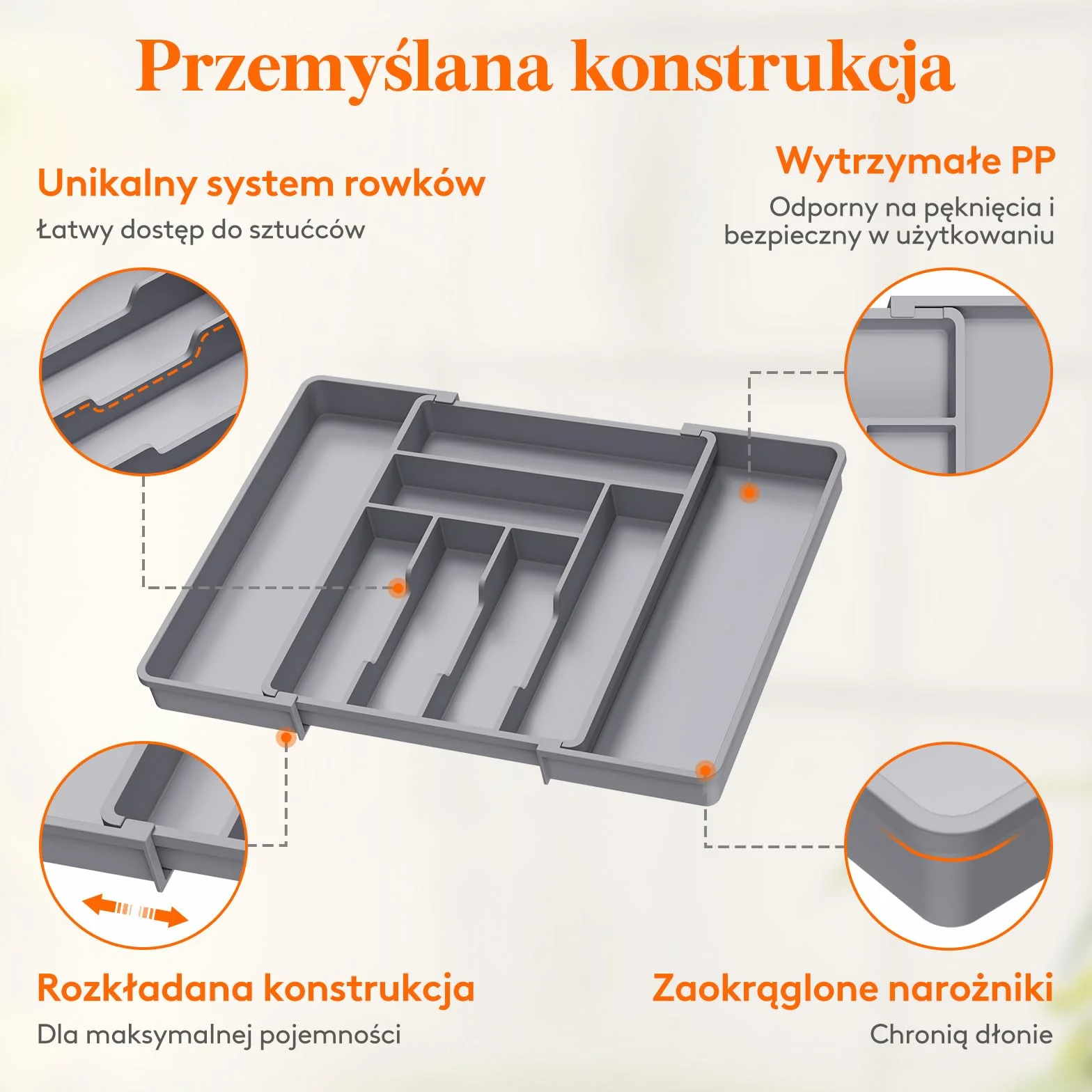 Lifewit Pojemnik na sztućce do szuflady, regulowany wkład, szerokość od 33 do 57 cm, głębokość 42,4 cm, uchwyt z tworzywa sztucznego