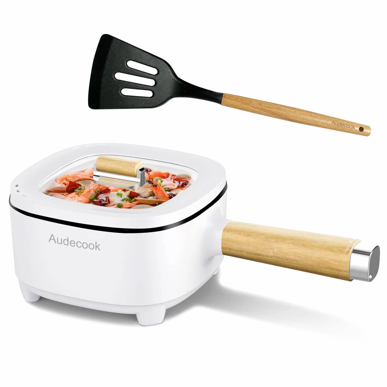 Audecook Elektryczny garnek, 2L nieprzywierająca patelnia z glazurą ceramiczną, przenośny multicooker podróżny do ramenu, steków, jajek, smażonego ryżu, płatków owsianych, zupy, 350W/800W (beżowy/2L
