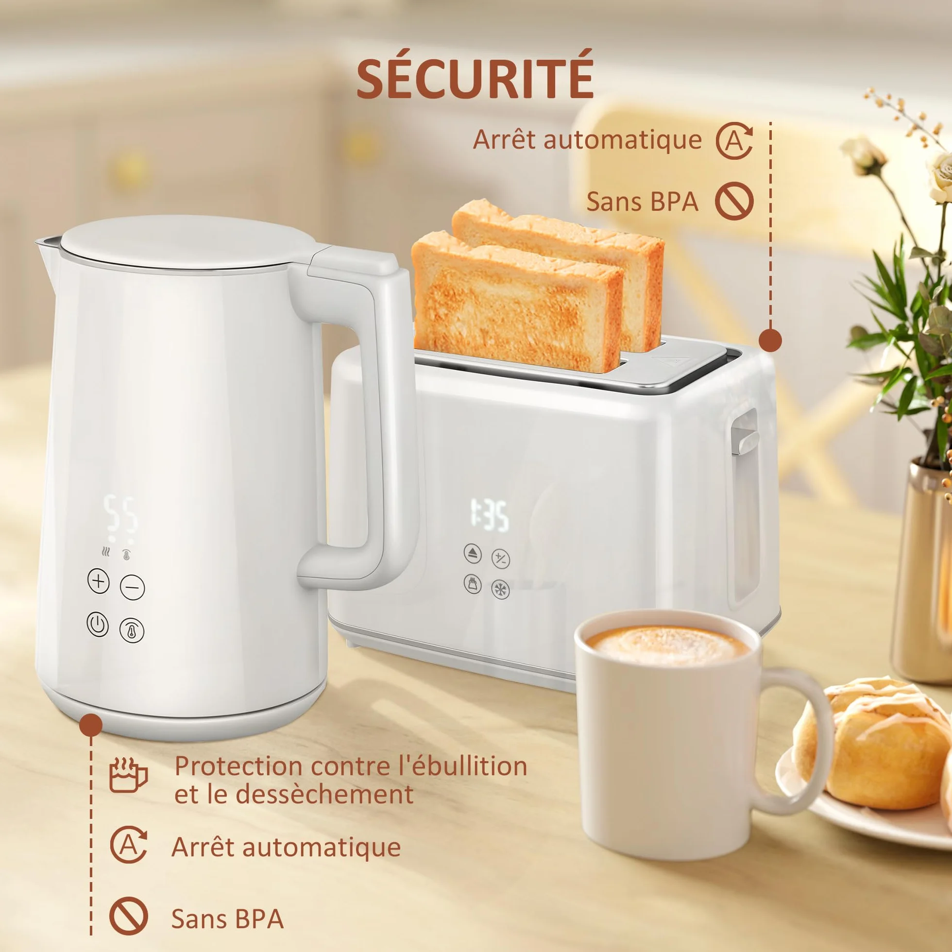 HOMCOM Zestaw czajnika i tostera 2200 W, czajnik ze stali nierdzewnej 1,5 l z izolacją i tosterem, 2 kromki, 7 poziomów brązowienia, rozmrażania, podgrzewania i tacy na okruchy, kremowy