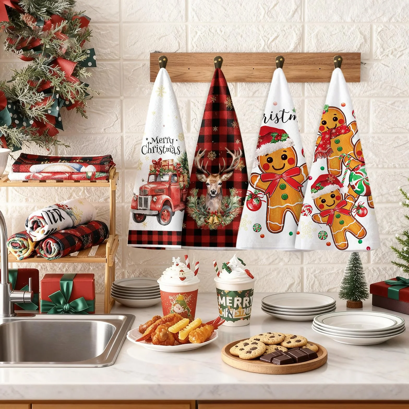 2 szt. Ściereczki kuchenne Boże Narodzenie 43 x 66 cm Ściereczki kuchenne Motyw świąteczny Kitchen Towels Decor Zima Boże Narodzenie Stół Jadalny w Domu (B)