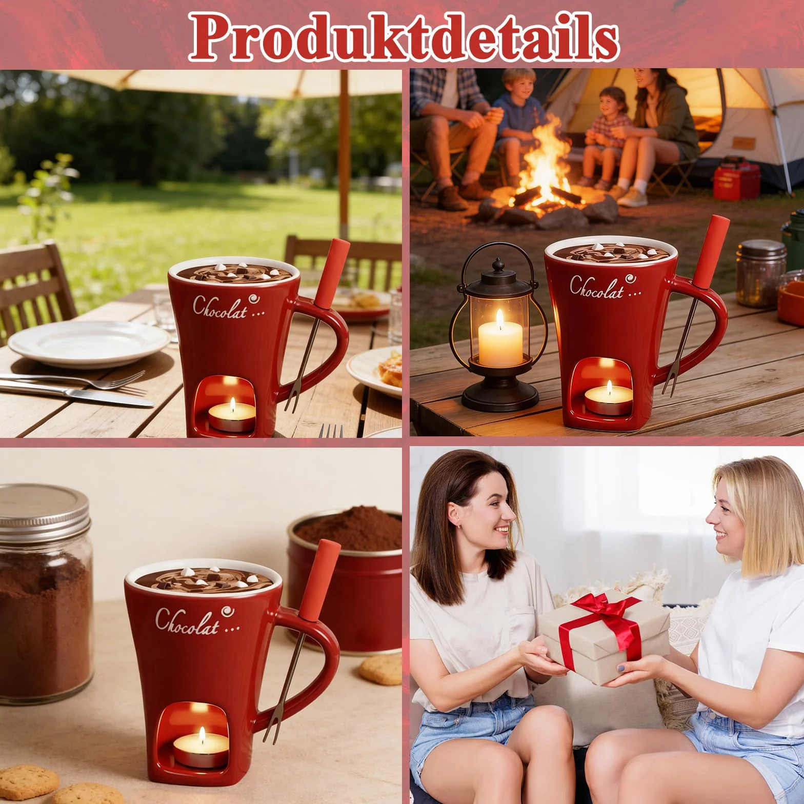 Czerwona filiżanka do fondue czekoladowego z widelcem, ceramiczny zestaw do fondue czekoladowego, 130 ml, mini kubek do fondue czekoladowego, wielofunkcyjny, do sera, czekolady, masła i pianek