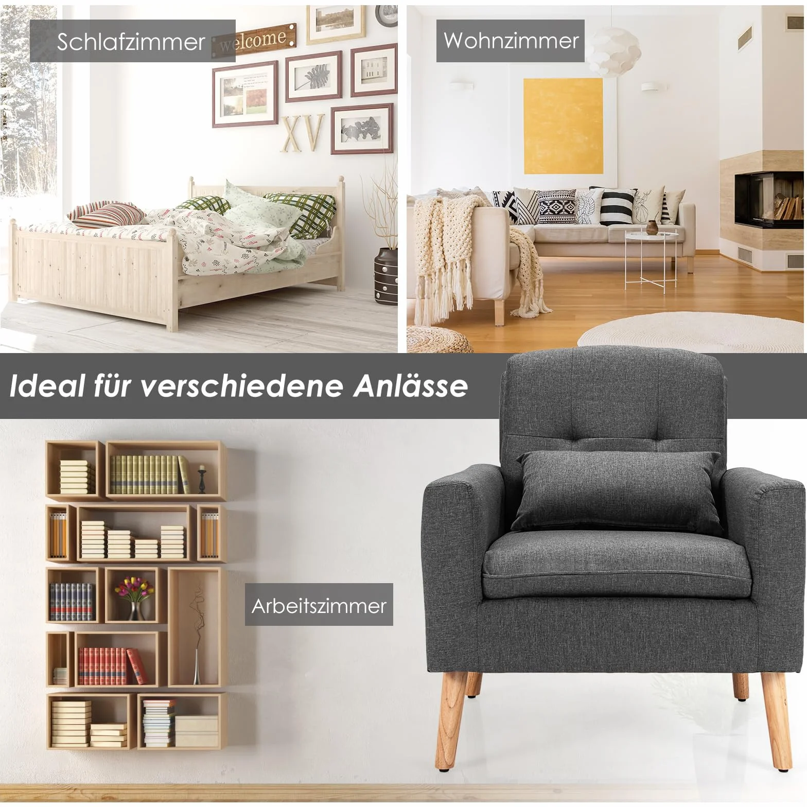 COSTWAY Fotel relaksacyjny z podłokietnikami i poduszką pod plecy, pojedyncza sofa tapicerowana, fotel telewizyjny, szary, fotel klubowy do salonu, sypialni i biura, JV10104GRDE