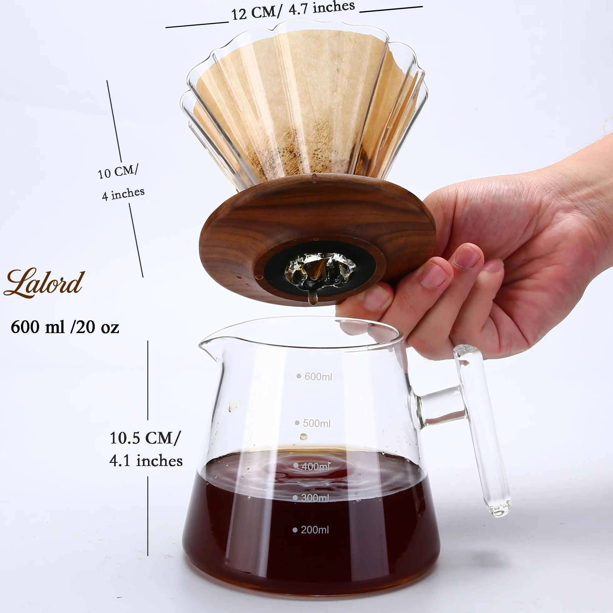 Lalord Ekspres do kawy, zestaw ze szkła borokrzemowego o pojemności 590 ml, ze 100 szt. papierowych filtrów, kołnierz z orzecha włoskiego i szklana pokrywka, zaparzacz do kawy, 1-3 kubki
