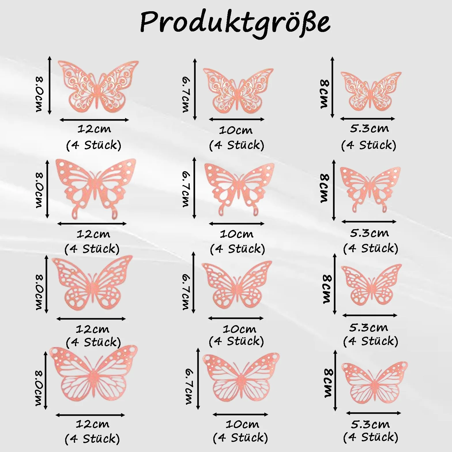 48 sztuk dekoracyjnych motyli 3D, 4 rodzaje dekoracji, motyle dekoracyjne do pokoju dziecięcego, na wesele, do łazienki, na imprezę (różowe złoto)