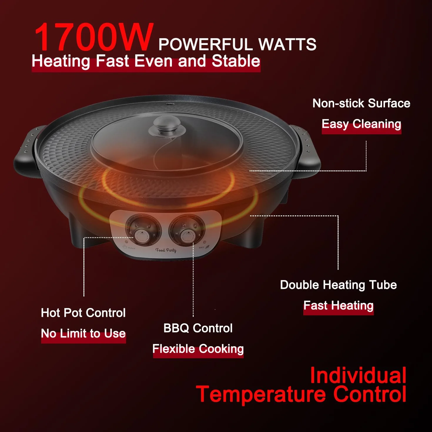 Food Party Hot Pot i grill elektryczny hotpot grill elektryczny 2 w 1, 220 V, 2200 W, do użytku wewnątrz i na zewnątrz, 42 cm, do fondue, raclette, dla 8 osób
