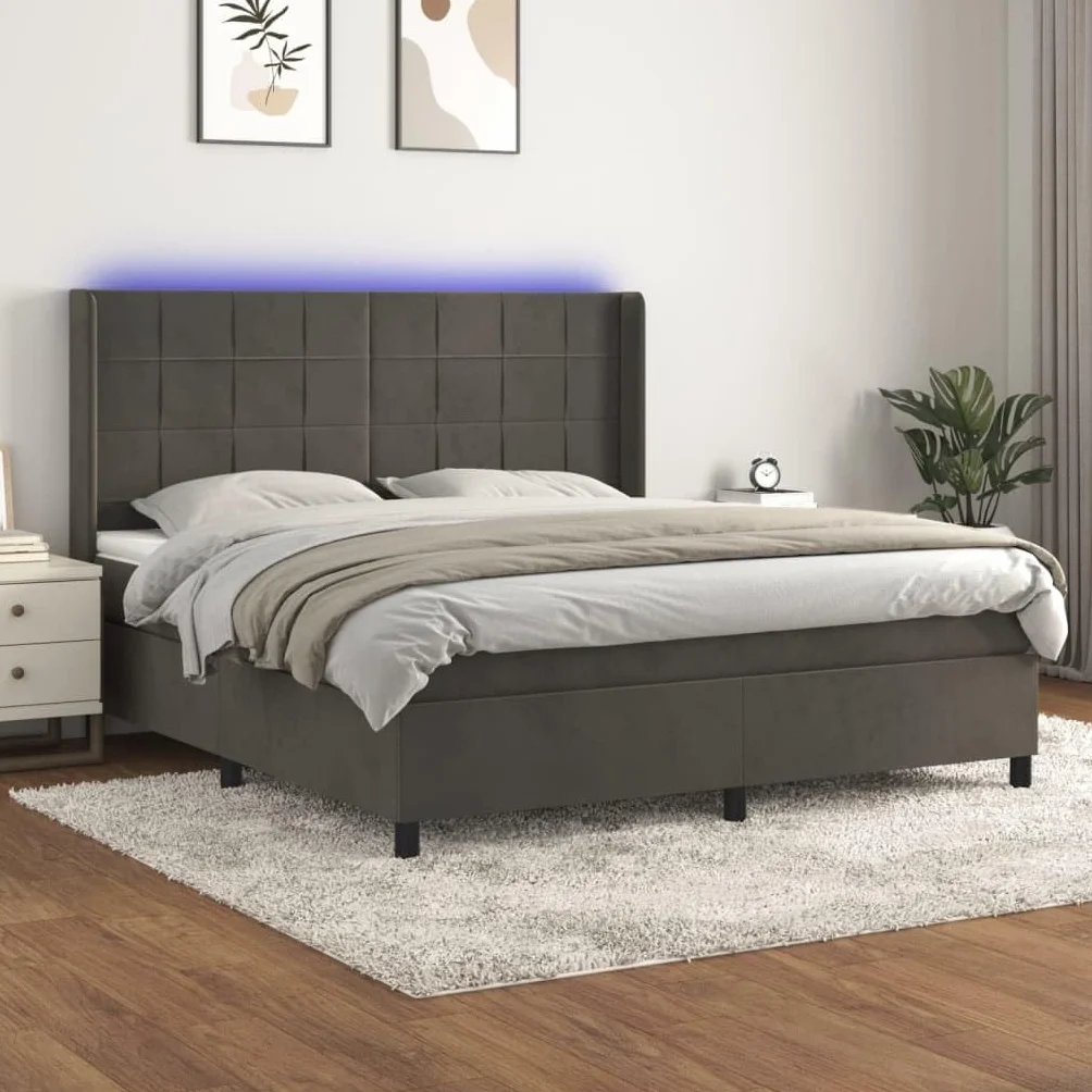 Aksamitny z regulowanym zagłówkiem i LED łóżko kontynentalne Szary 180x200 | Łóżko kontynentalne 180x200 z materacem kieszeniowym i LED, aksamit szary, zagłówek regulowany, z ochraniaczem, sypialnia