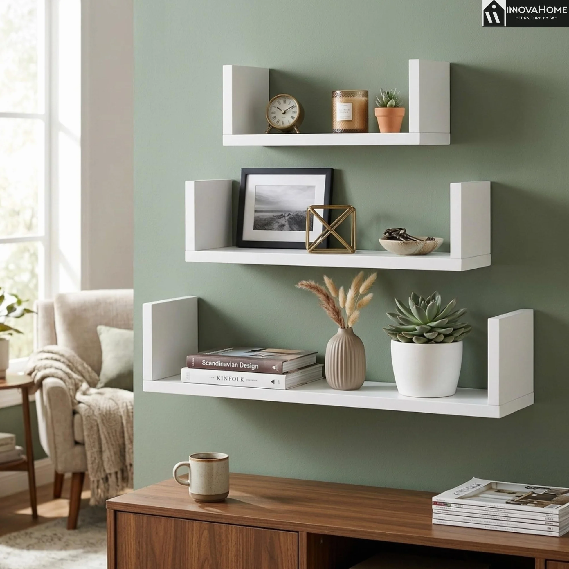 INNOVAHOME Regał ścienny, biały, zestaw 3 sztuk (80/60/40 cm) – regał wiszący w kształcie litery U, płyta 18 mm, niewidoczny montaż, półka ścienna i regał na książki do salonu