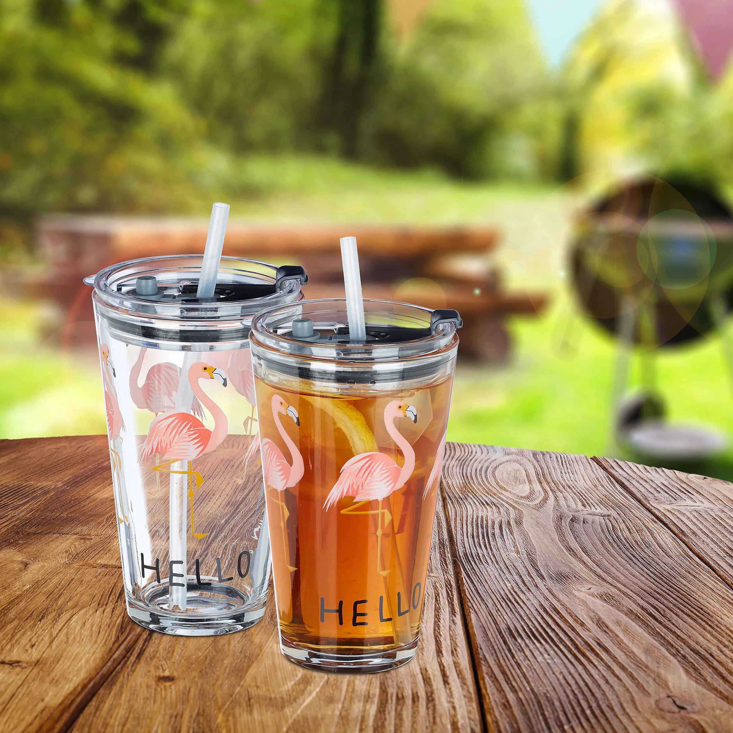 Relaxdays Szklane kubki z pokrywką i słomką, zestaw 4 szklanek do flaminga, 450 ml, nadają się do mycia w zmywarce, przezroczyste