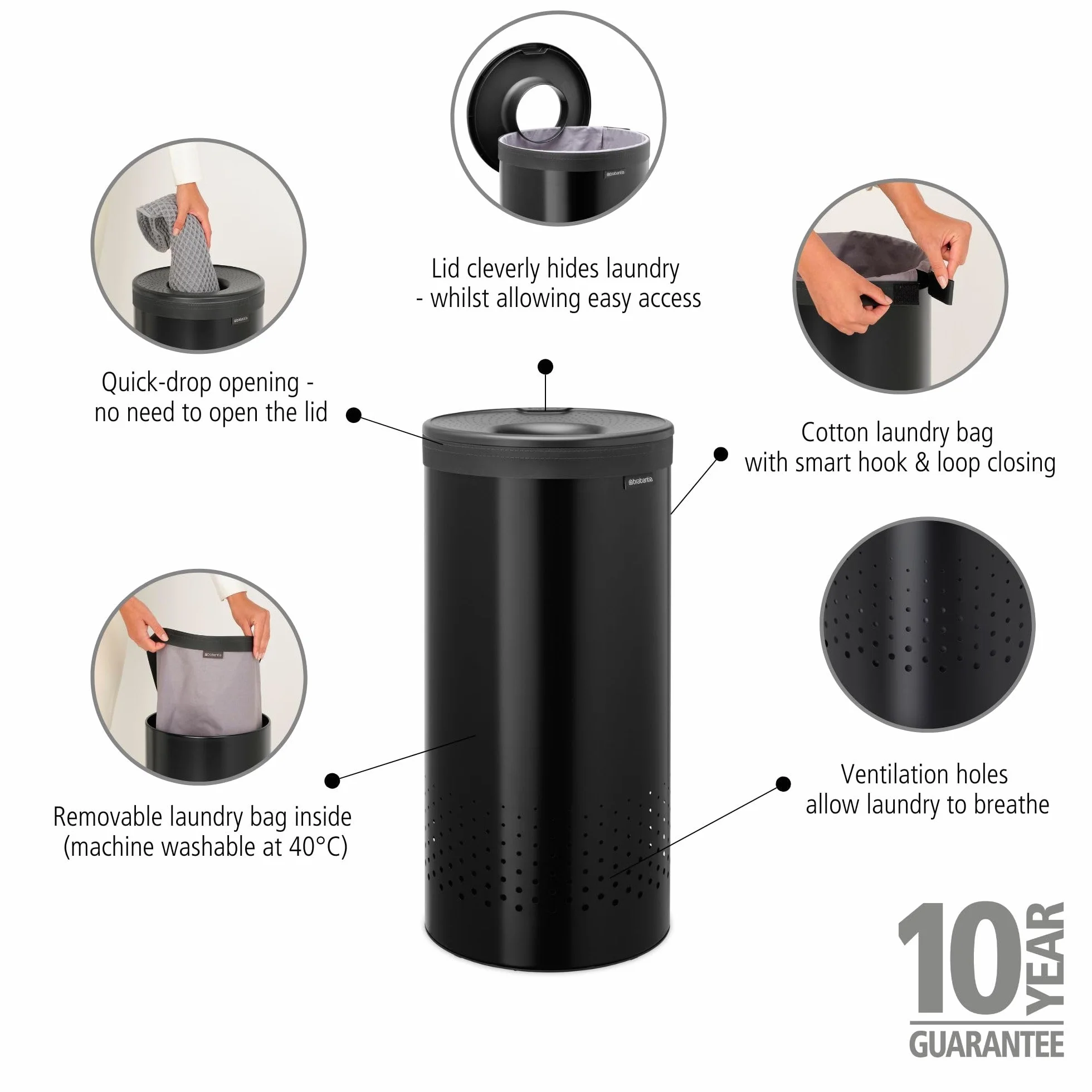 Brabantia Kosz na pranie z pokrywką, kosz na pranie 35 l ze zdejmowaną bawełnianą torbą i szybkim otwieraniem, oszczędzający miejsce kosz na pranie, czarny matowy