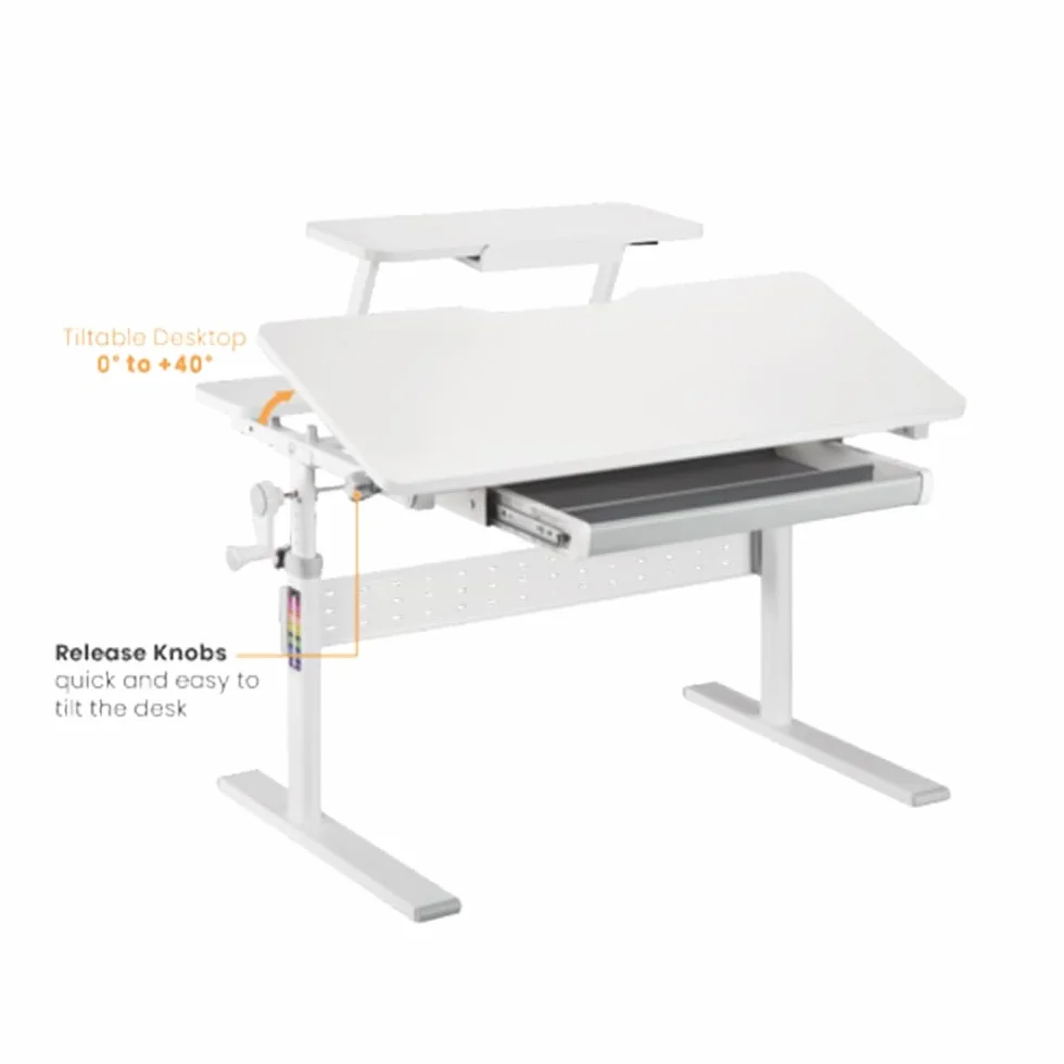 Ergonomiczne biurko ER-483 kids' height and angle adjustable to 40°, extra shelf with book holder, school table for kids up to 40 kg, drawer hook