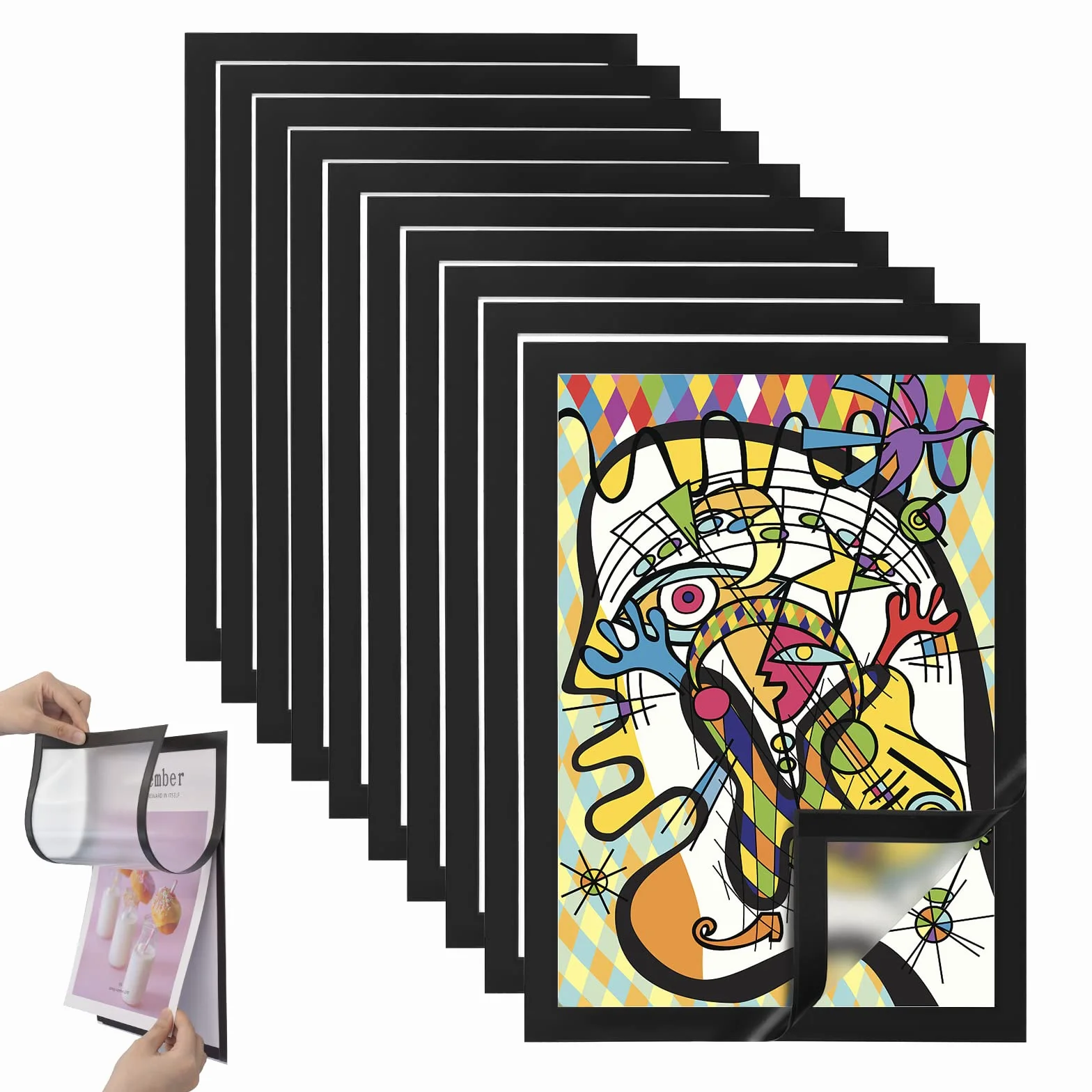 Zestaw 10 magnetycznych ramek samoprzylepnych A4 składanych z zamknięciem magnetycznym. Wymiary: 32,5 x 24 cm. Idealne do zdjęć dziecięcych i prezentacji informacji A4.