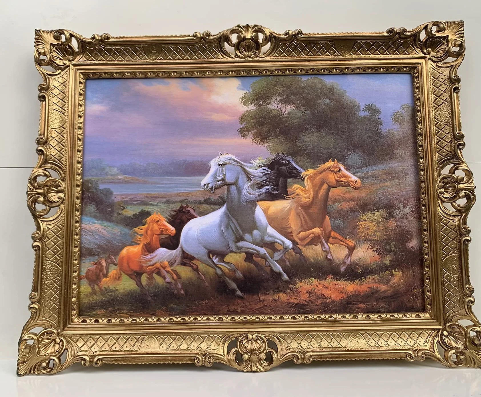 artissimo Obraz konie dzikie konie w krajobrazach barokowa rama 90 x 70 obraz z ramą obraz do salonu oprawiony obraz antyczny obraz ścienny