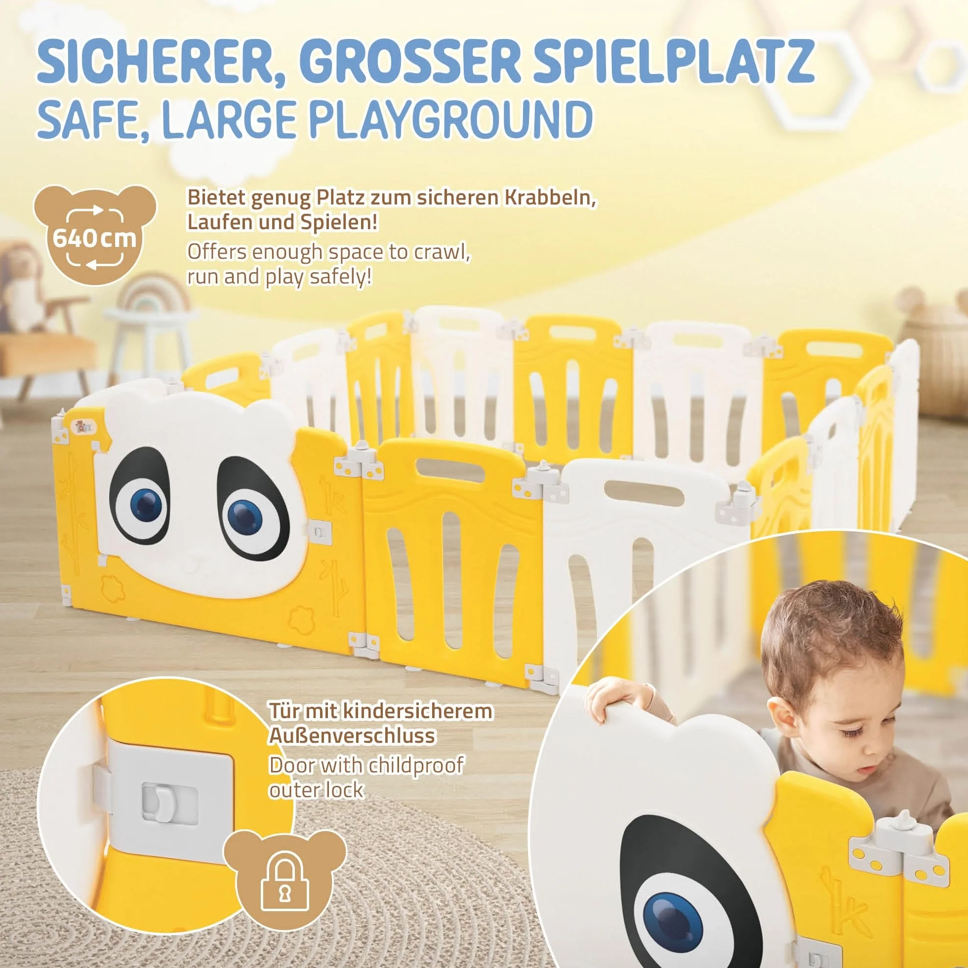 Joyz Kojec Dzieciecy 160×160 cm Skladany Plac Zabaw Panda Bialo-Zólty Plastikowa Barierka z Drzwiczkami i Zegarem Edukacyjnym Ogrodzenie do Pokoju i Ogrodu Bramka Ochronna do Raczkowania Maluchów