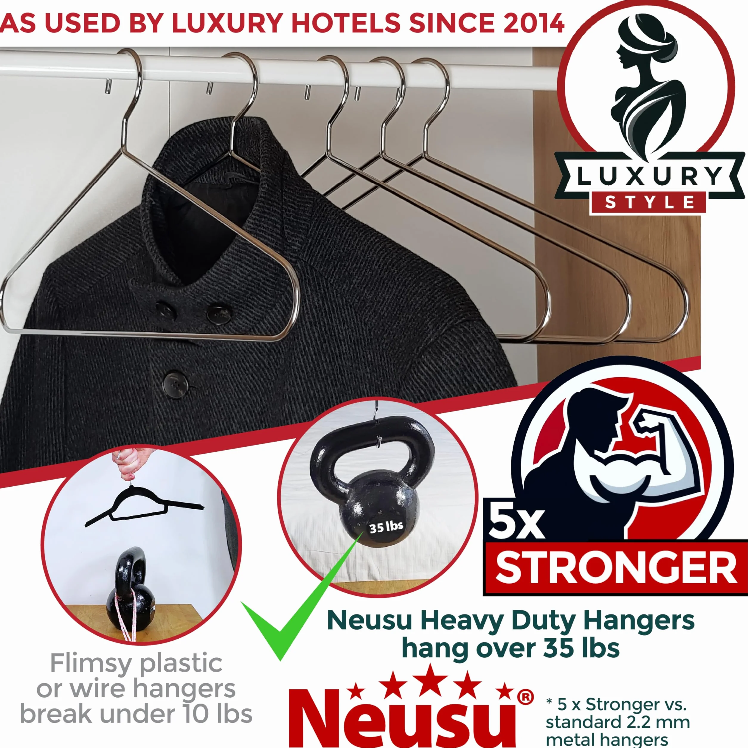 Neusu Mocne wieszaki na ubrania (10) - 5 mm metalowe używane przez hotele premium