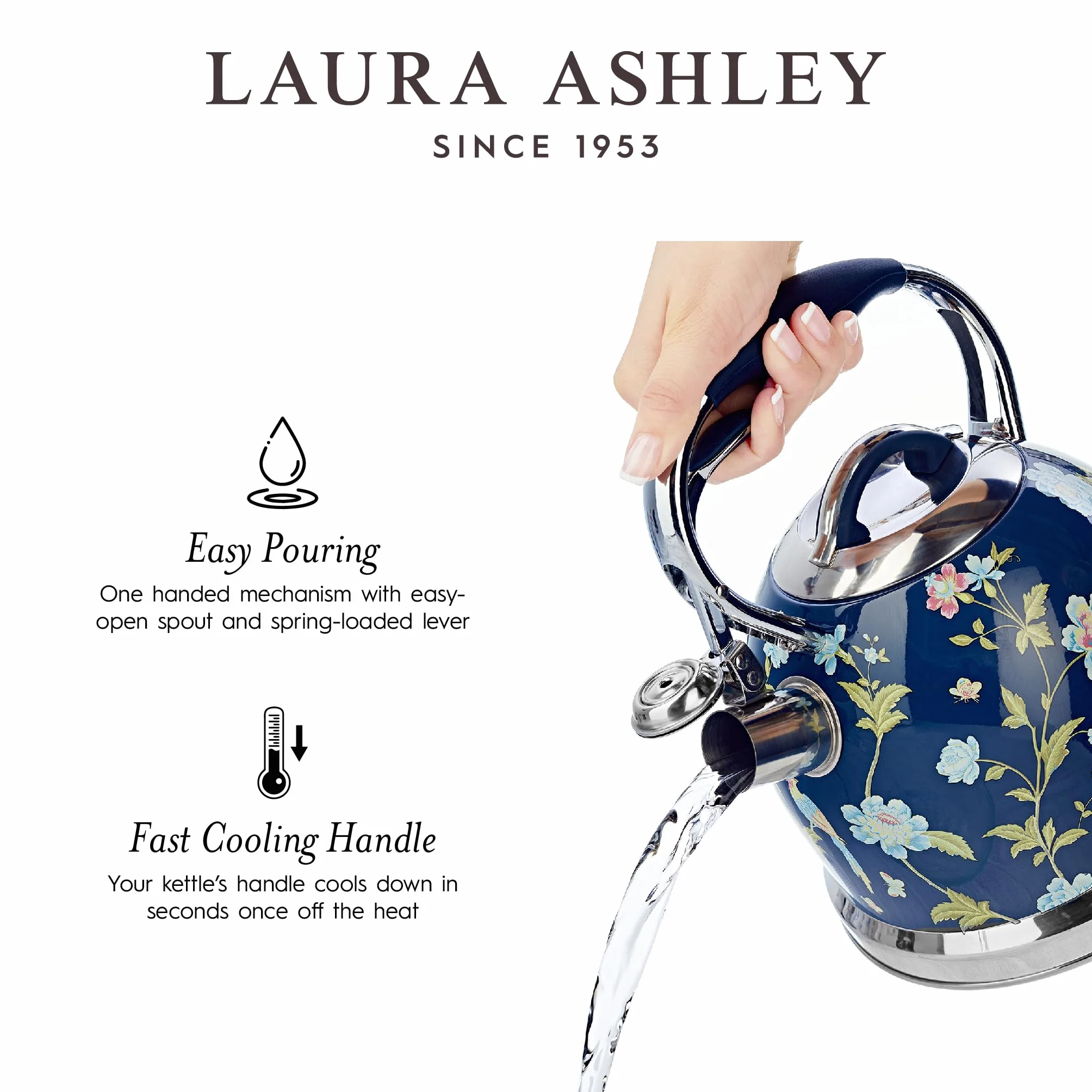 Laura Ashley Elveden Granatowy Czajnik Indukcyjny 2.5 Litry od VQ - Gwizdający Czajnik Szybko Gotujący na Kuchenkę Gazową, Indukcyjną lub Inne Kuchenki z Mechanizmem Przyciskowym