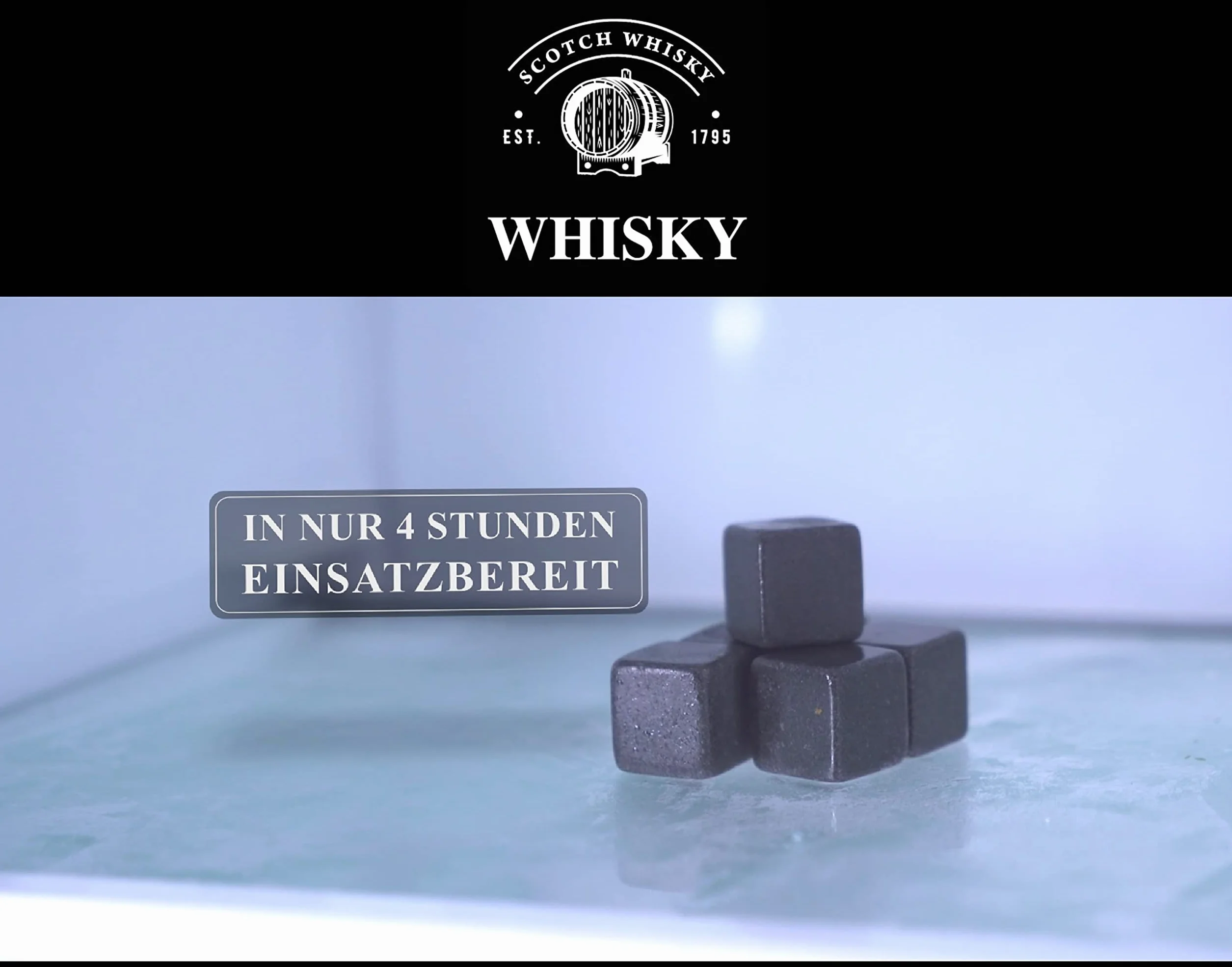 WOMA Zestaw 6 kostek chłodzących z bazaltu, w zestawie woreczek z aksamitu i wysokiej jakości drewniane pudełko, kostki lodu wielokrotnego użytku do whisky, wódki, ginu, rumu, tequili i koktajli