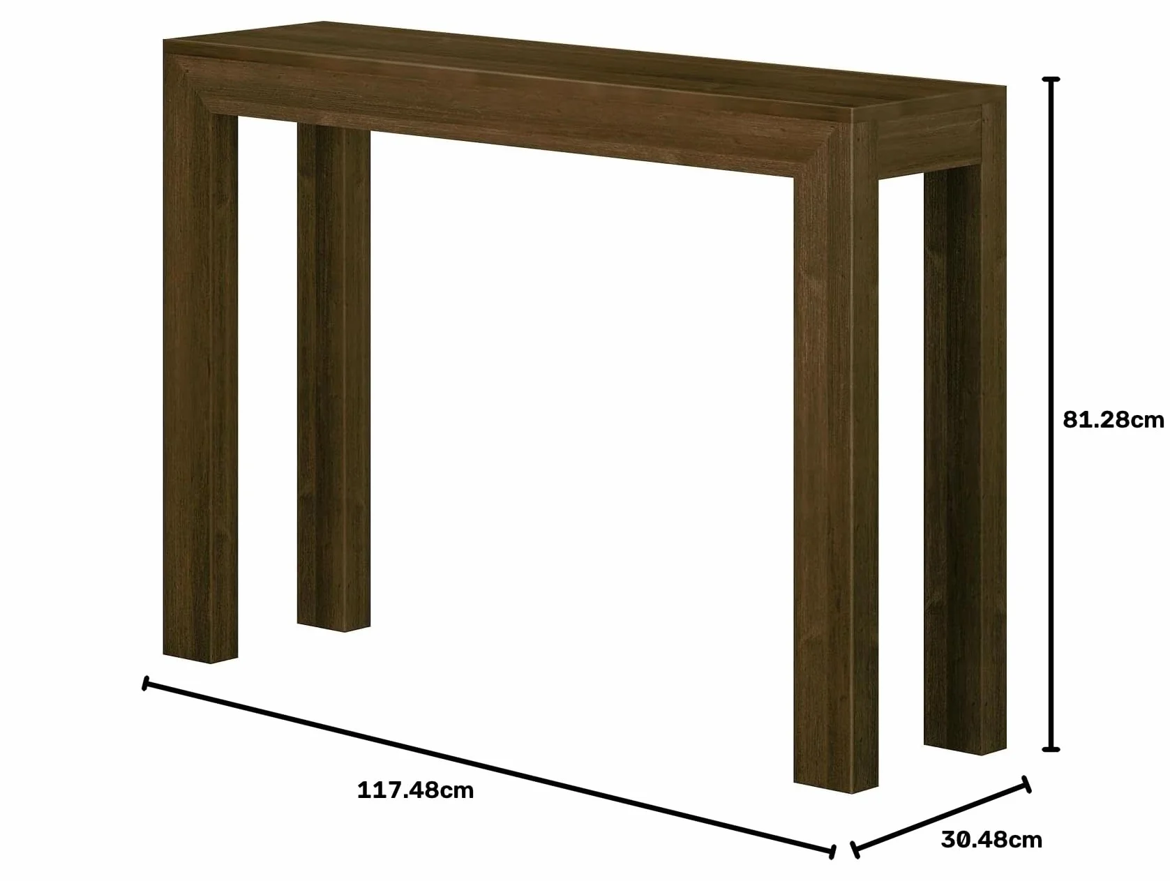 Plank+Beam Nowoczesny stolik konsolowy z litego drewna, 117 cm, wąski, do przedpokoju, za kanapą, do salonu, foyer, łatwy montaż, orzech włoski