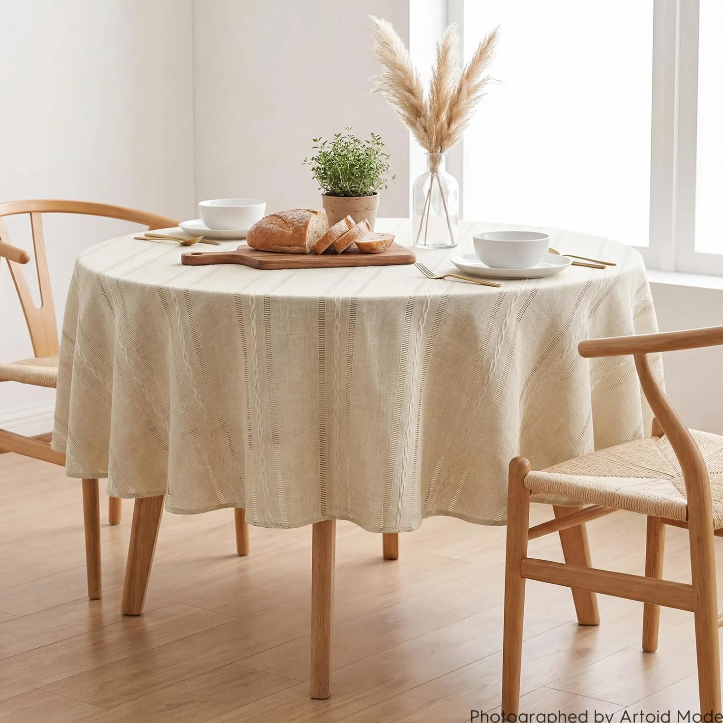 Artoid Mode Boho beżowy bawełniany lniany obrus prostokątny, okrągły, 140 cm, styl dworkowy, zmywalny, do kuchni, na urlop, imprezę, dekoracja