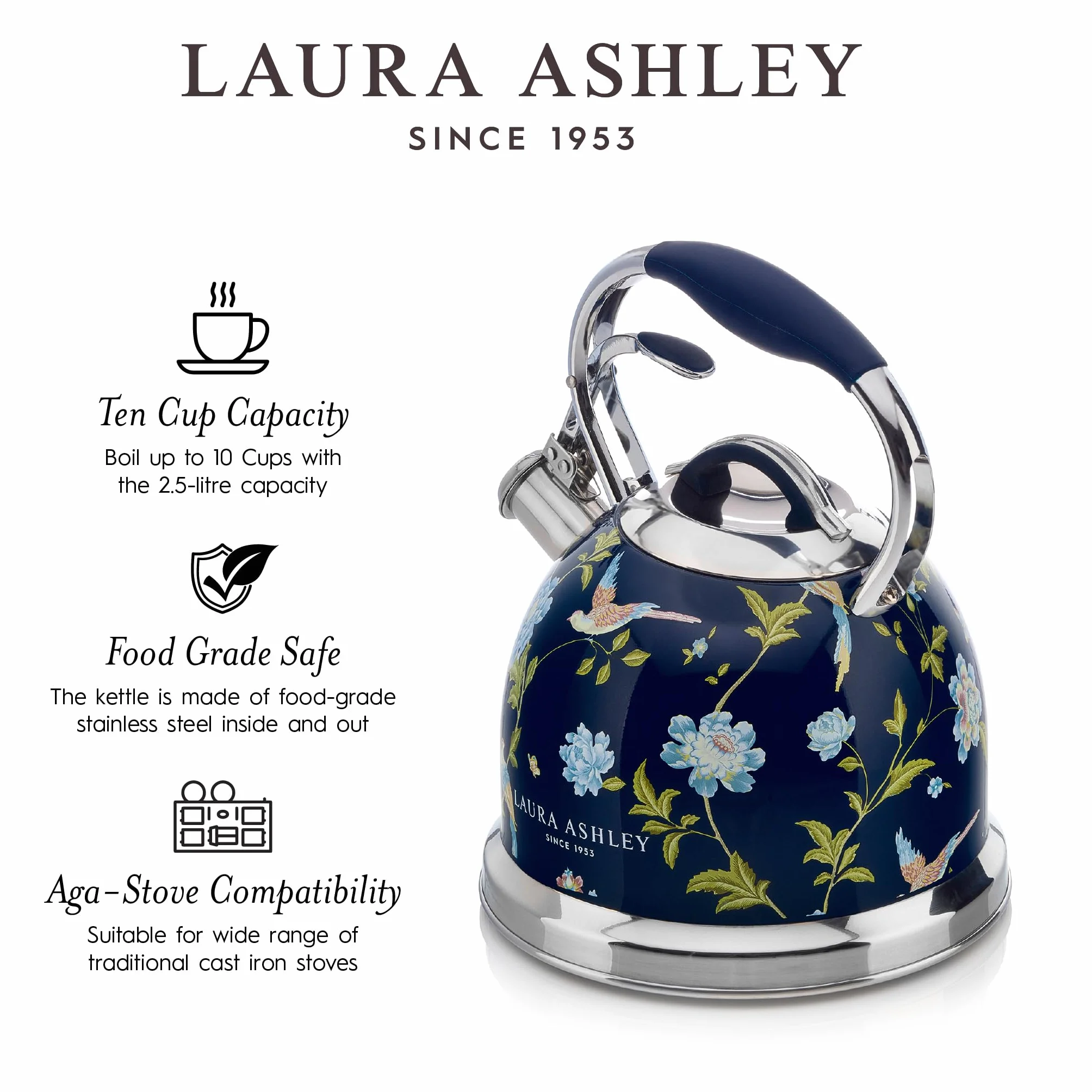 Laura Ashley Elveden Granatowy Czajnik Indukcyjny 2.5 Litry od VQ - Gwizdający Czajnik Szybko Gotujący na Kuchenkę Gazową, Indukcyjną lub Inne Kuchenki z Mechanizmem Przyciskowym