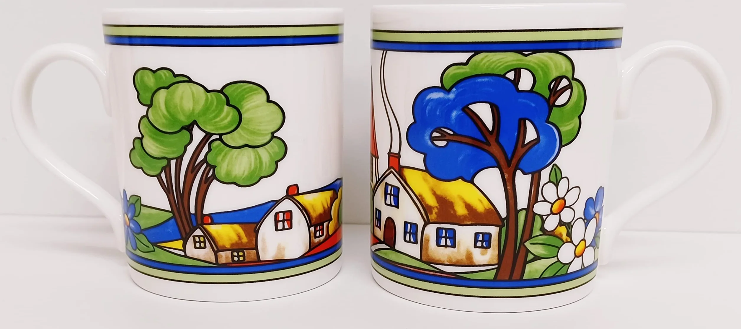 Village Art Deco kubki, zestaw 6 dużych kubków Balmoral, 425 ml, wysokiej jakości porcelana kostna, ekskluzywne, wiejskie kubki do sceny, ręcznie dekorowane w Wielkiej Brytanii