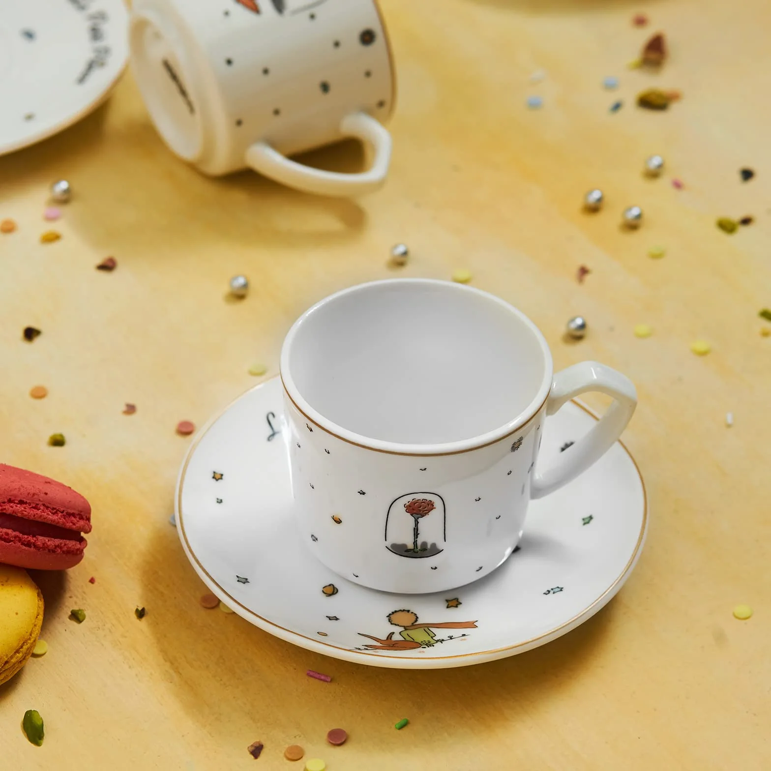 KARACA Le Petit Prince Design Porcelanowe filiżanki do kawy i spodki, zestaw 6 sztuk, białe, wielokolorowe, małe, tureckie filiżanki do kawy, cappuccino, zestaw 12 sztuk, 80 ml