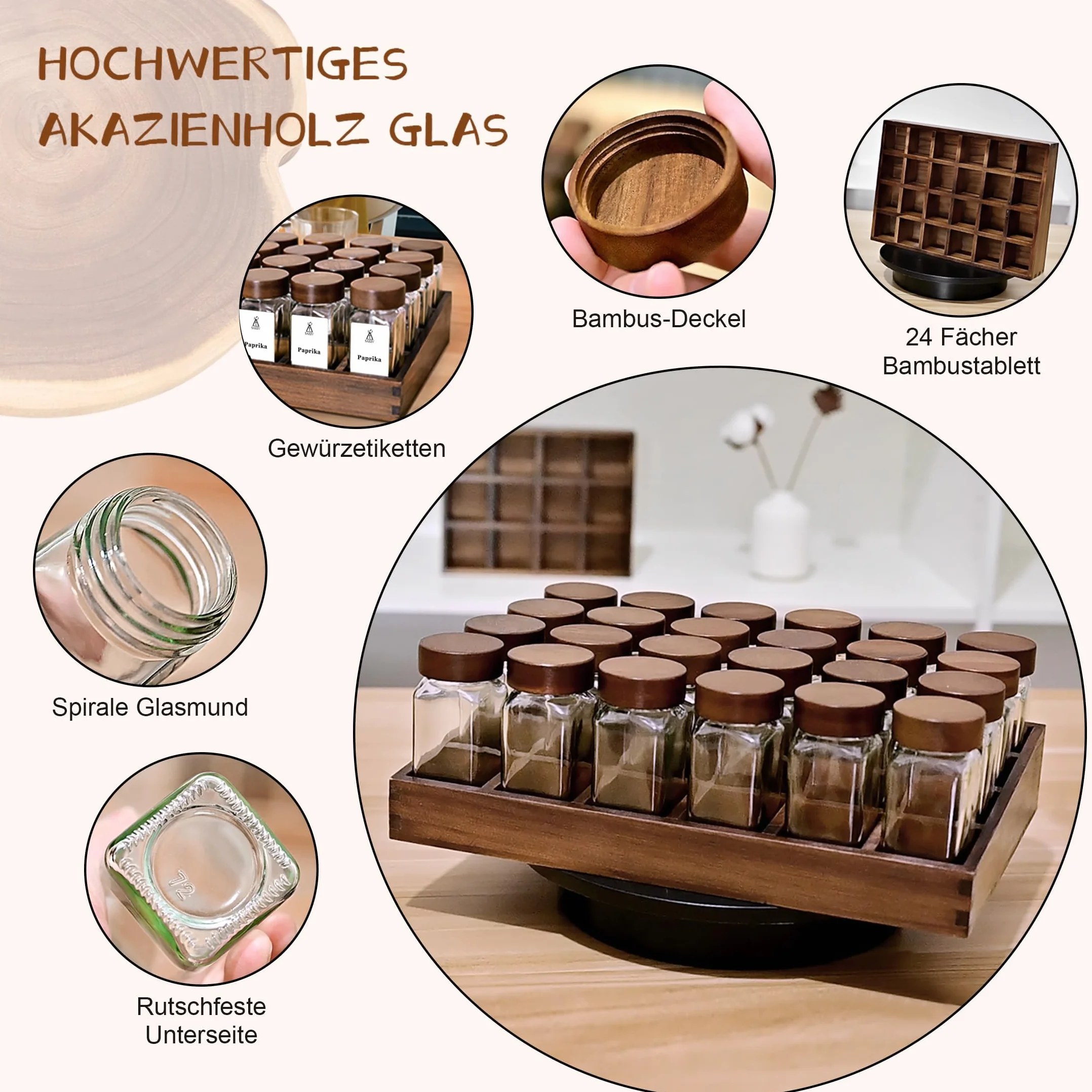 SAEIV Ekologiczna półka na przyprawy z drewna akacjowego z 24 przegrodami | 24 słoiki na przyprawy o pojemności 120 ml Organizer do szuflad | Półka na przyprawy ze słoikami 180 niemieckich etykiet na