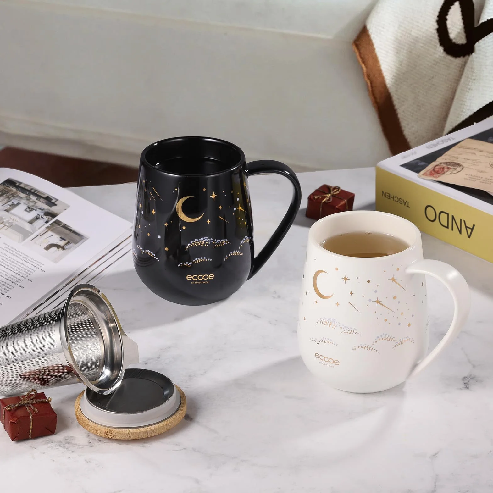 Filiżanka do herbata z pokrywką i sitkiem, ceramiczna filiżanka do herbaty, duże do herbaty z uchwytem - prezent