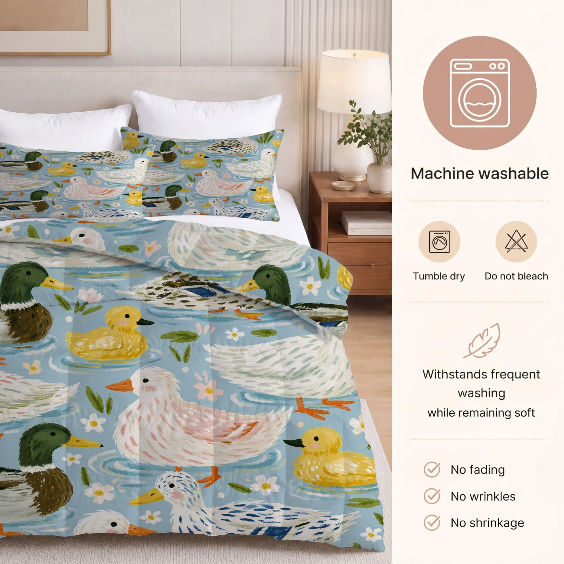Duckling rustykalna kaczątko lilia wodna bez poszewki na kołdrę King (230 x 220 cm) 4,5 Tog, letnia kołdra z nadrukiem, dwustronna, lekka pościel z 2 poszewkami na poduszki (50 x 75 cm), niebieska