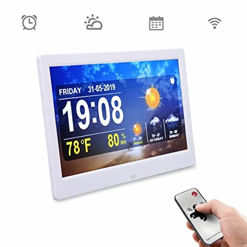 KIMISS 10in WIFI Zegar Pogodowy, 100-240 V Cyfrowy Kalendarz Budzik Biały Data Czas Temperatura Wilgotność Budzik z obsługą Pilota Zdjęcia Filmy Odtwarzanie Muzyki (Wtyczka UE)