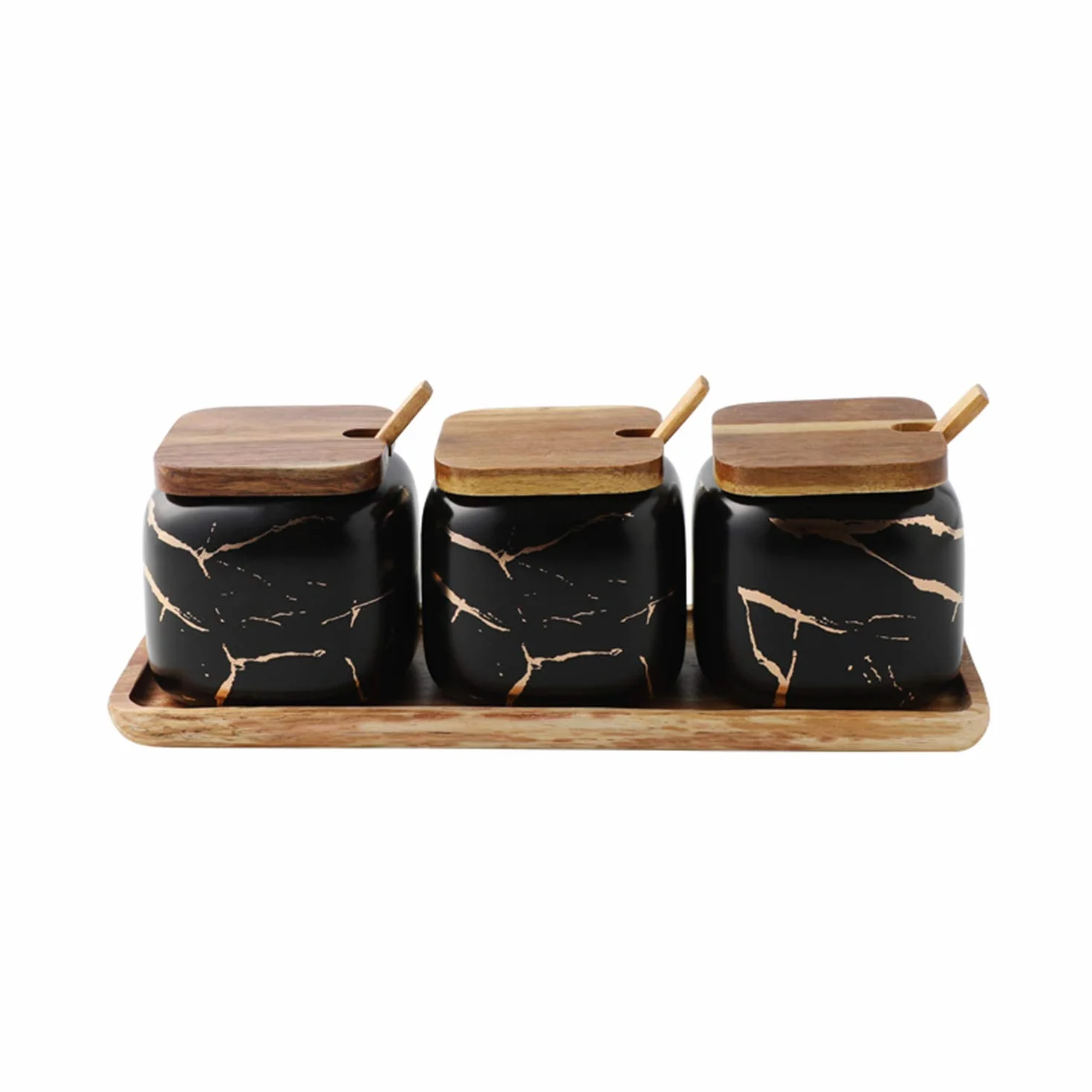 Ceramiczny pojemnik, 3 x 190 ml puszki z cukrem pieprz solniczka i bambusową pokrywką łyżka kuchenne taca 3-częściowy zestaw przechowywania ziół i przypraw, czarny
