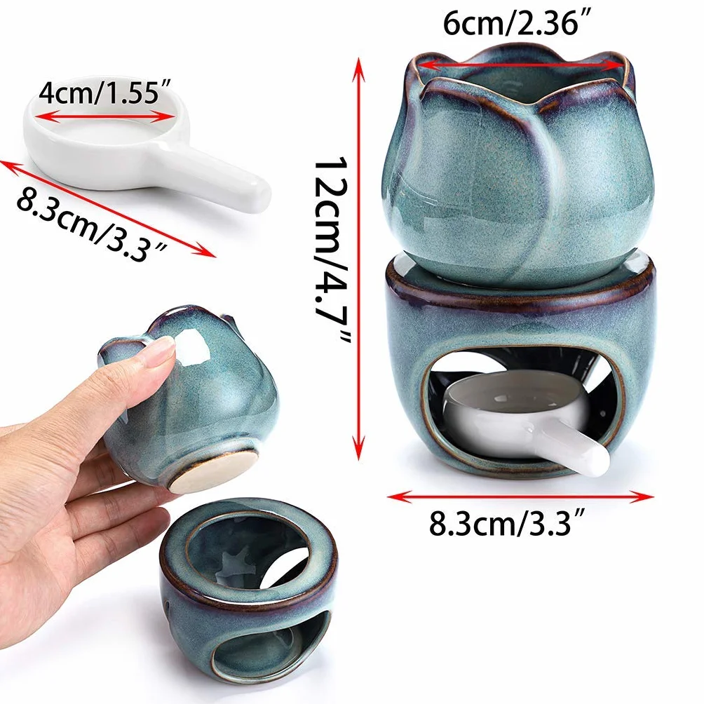 BSTKEY Ceramiczny palnik na olejki eteryczne z łyżeczką do świec, dekoracyjny świecznik, wzór kwiatowy, niebieski