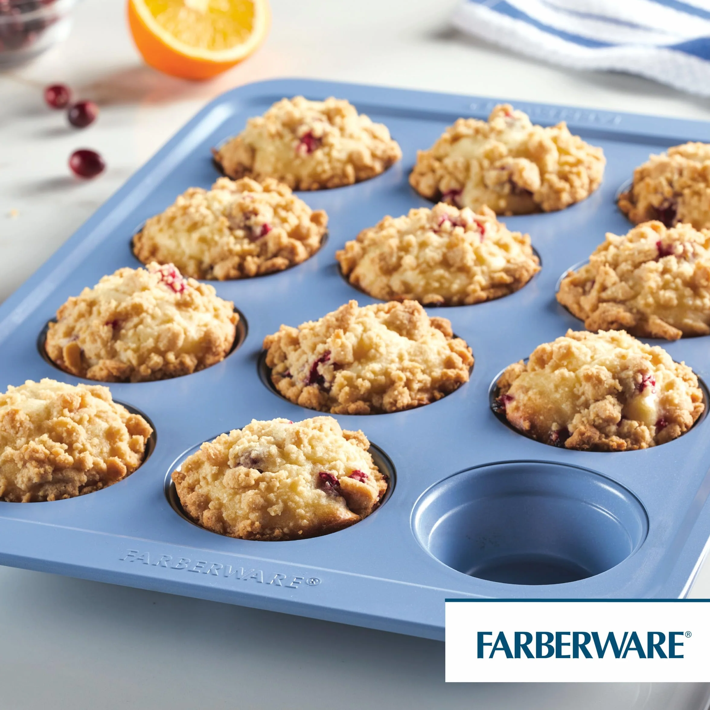 Farberware Easy Solutions nieprzywierająca forma do pieczenia muffinek/babeczek, 12 filiżanek z liniami wypełniającymi - niebieska
