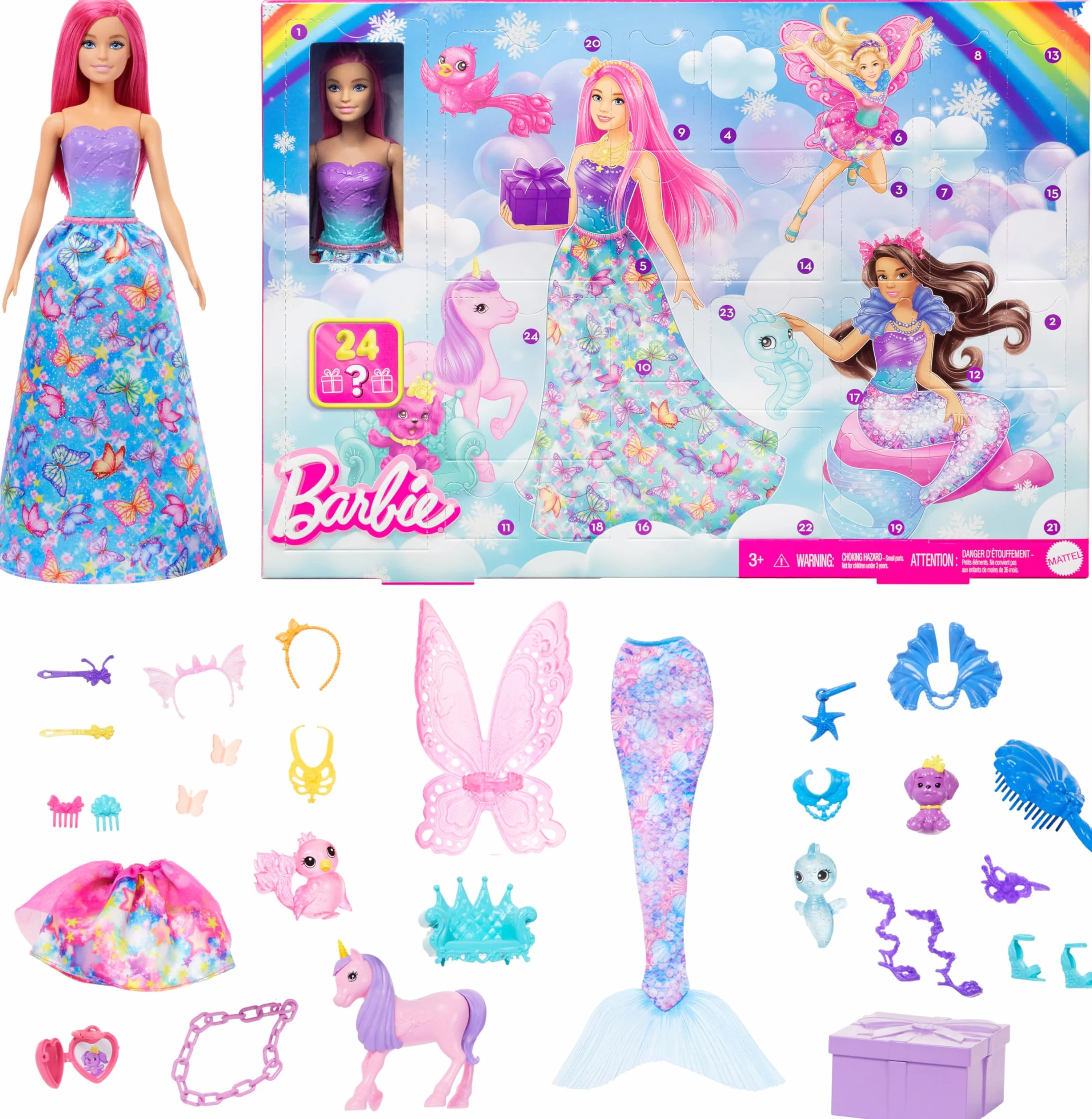 Barbie Dreamtopia Kalendarz adwentowy Kraina Fantazji z lalką o różowych włosach i 24 niespodziankami, takimi jak jednorożec i 3 małe zwierzątka, transformacja w syrenkę, wróżkę i nie tylko, HRG90