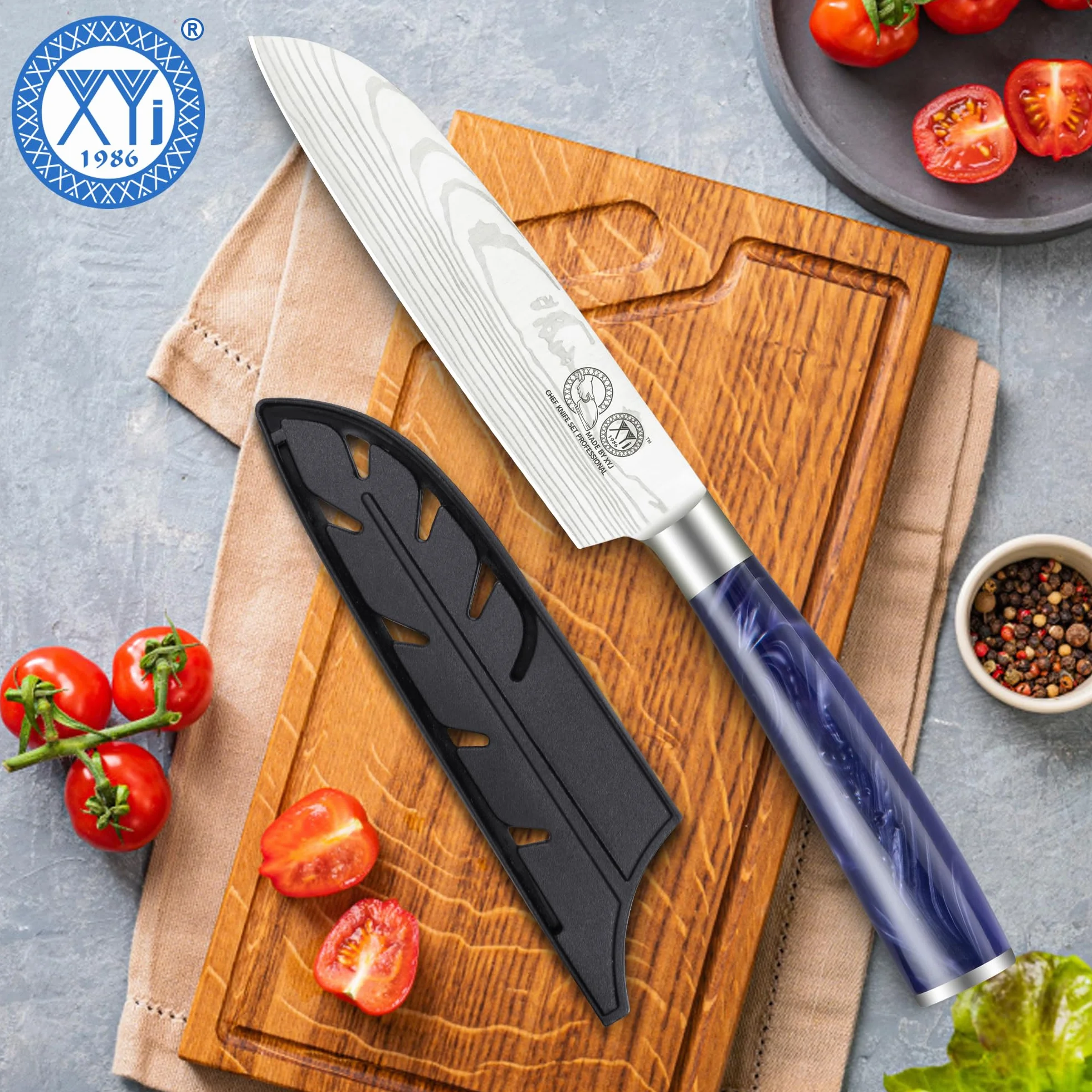 XYJ Professional Kitchen Knife,Stainless Steel Japanese Santoku Knife 5 Inch,Laser Damacus Pattern,Cleaver,Meat Knife for Kitchen Outdoor Camping BBQ,Knife With Cover