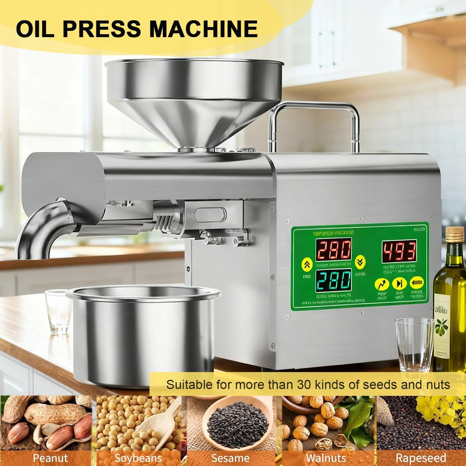 Prasa do oleju, automatyczna produkcja oleju, 1800w wyciskarka oleju do tłoczenia na zimno i na gorąco, maszyna do tłoczenia oleju z inteligentnym regulatorem temperatury 104-572°C