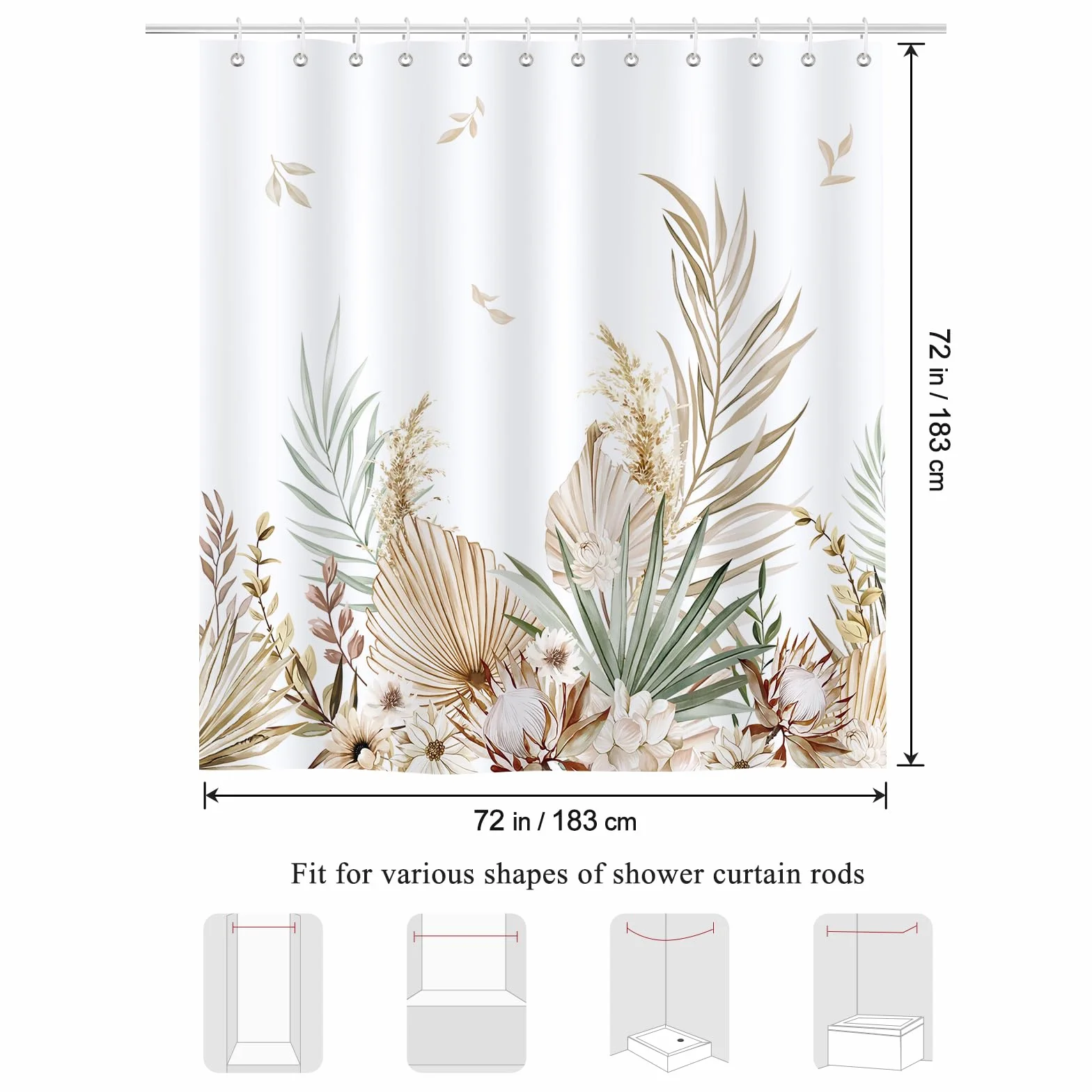Bonhause Boho zasłona prysznicowa z liśćmi palmowymi, kwiatowa, zasłona łazienkowa, 180 x 180 cm, wodoodporna, odporna na pleśń i pleśń, tkanina poliestrowa, zasłona łazienkowa z 12 haczykami