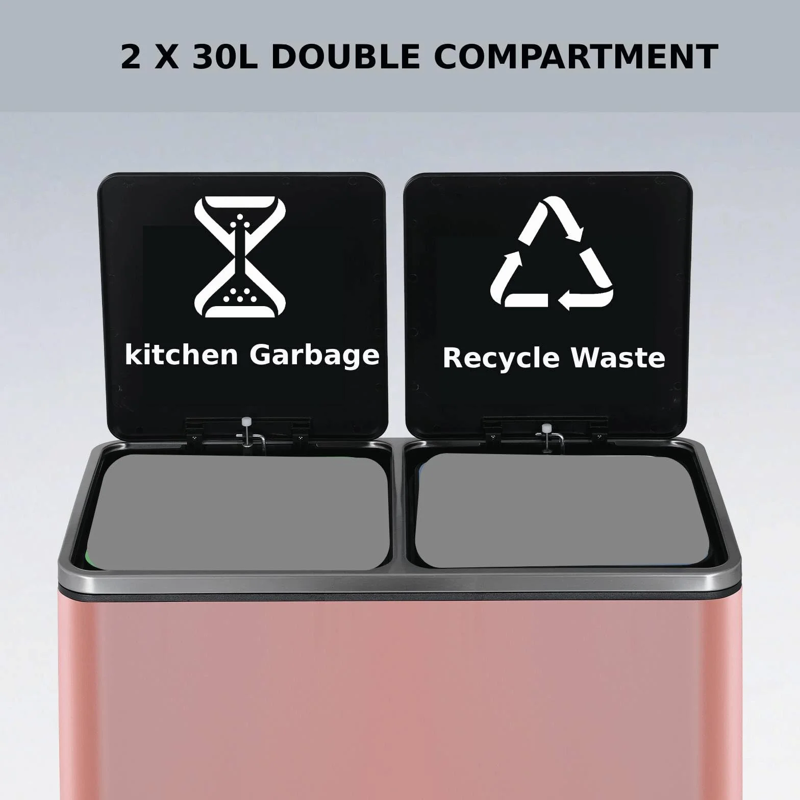 Clevich Kosz na śmieci do kuchni, 2 x 30 l, 2 przegródki, system segregacji śmieci 60 l, 2 x plastikowe pojemniki wewnętrzne, pokrywka Softclose, kosz z pedałem, pokrywa z klapką, matowa terakota