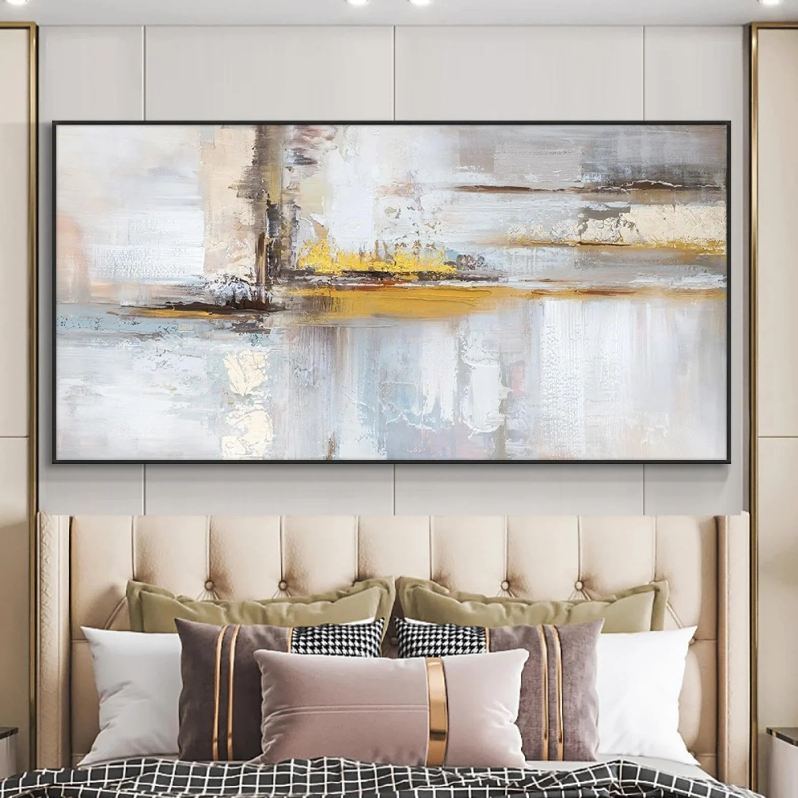 Abstrakcyjny obraz olejny ze złotą folią na płótnie 80 x 140 cm sztuka ścienna do salonu