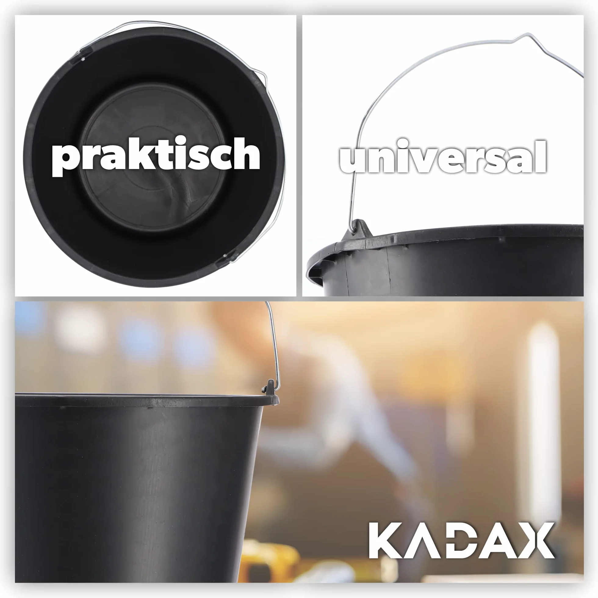 KADAX Zestaw 5 szt. wiadra budowlane 12 l, grube ścianki i wzmocniony rant, mocny uchwyt, do mieszania zaprawy oraz przenoszenia wody i gruzu na budowie i w ogrodzie