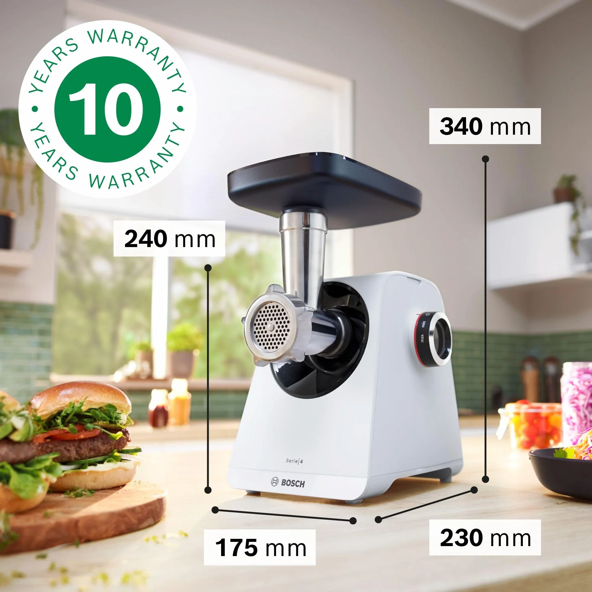 Bosch Maszynka do mielenia MultiPower Serie 4 MFWS420W, 1900 W, funkcja Revers, metalowa komora, Biały/Czarny