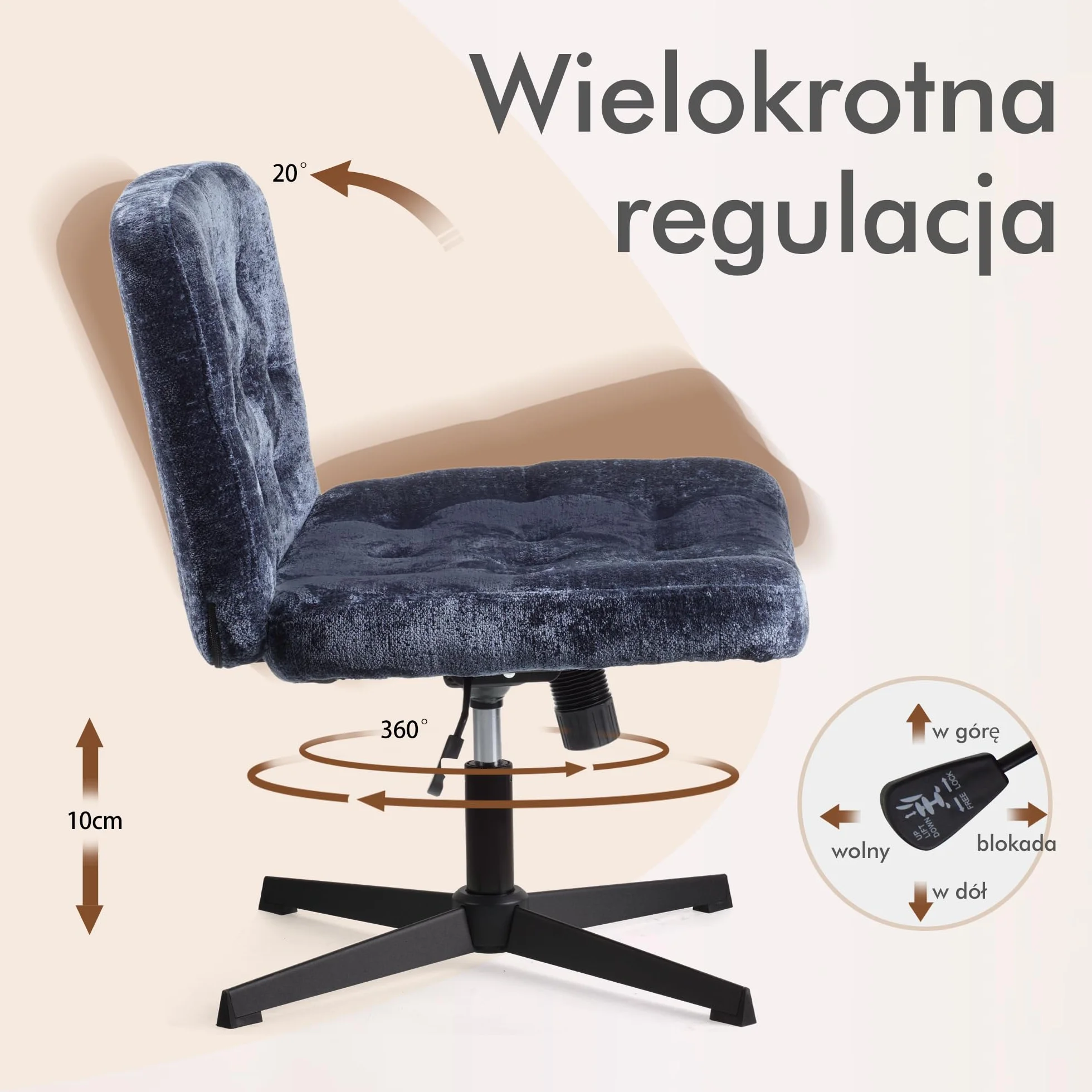 Krzesło na biurko bez ramion, krzesło z szerokim siedziskiem do sypialni, wyściełane krzesło do makijażu z tkaniny, krzesło ze skrzyżowanymi nogami (Niebieski)