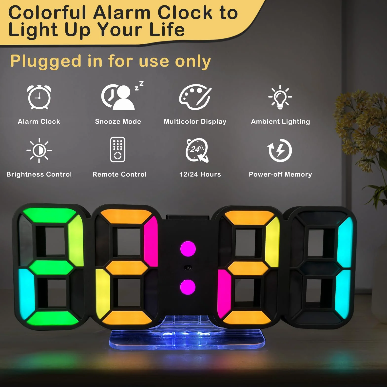 Seutgjie Cyfrowy budzik 3D LED, zegar stołowy/zegar ścienny, zegar cyfrowy, 14 kolorów RGB, 12/24 godziny, 3 ustawienia jasności, tryb nocny, tryb drzemki z pilotem zdalnego sterowania, czarny