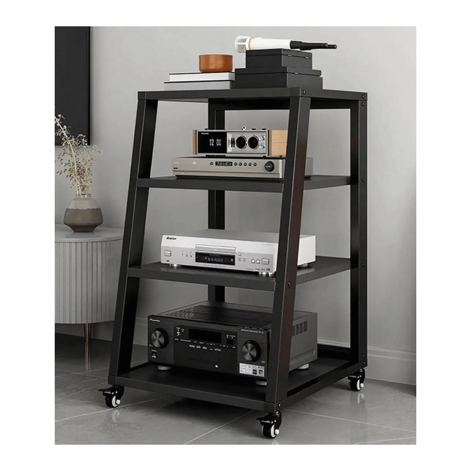Stojak Av Media Stojak z kółkami Trapezowa konsola do gier Półka Rolling Home Stereo System Rozrywka Komponenty Szafka do gramofonu Salon, Nero-4 Poziom