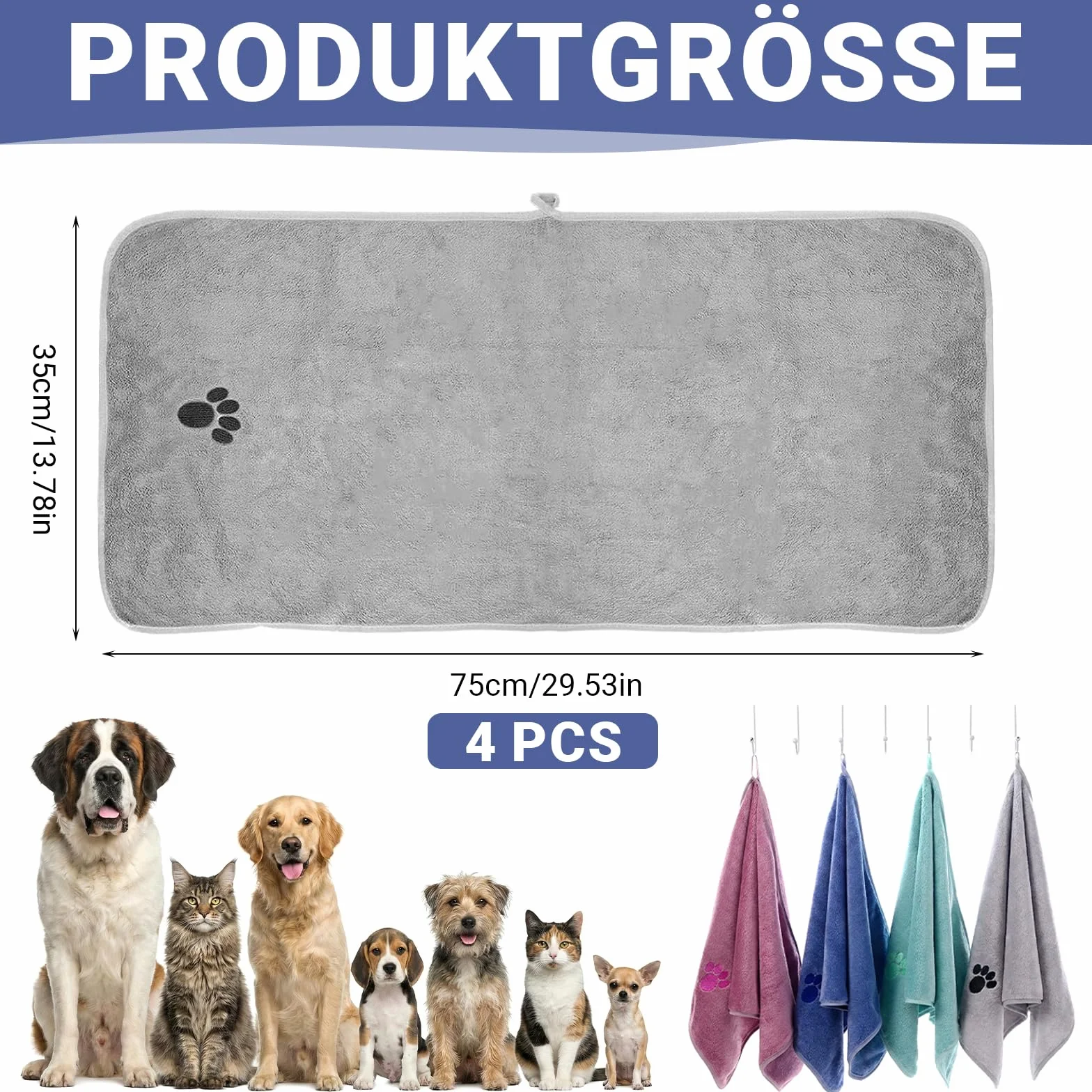Ręcznik dla psów, 4 sztuki ręczników dla psów bardzo chłonnych, 75 x 35 cm ręczniki z mikrofibry dla zwierząt domowych dla kotów przytulnie miękkie szybkoschnące można prać w pralce (4 kolory)