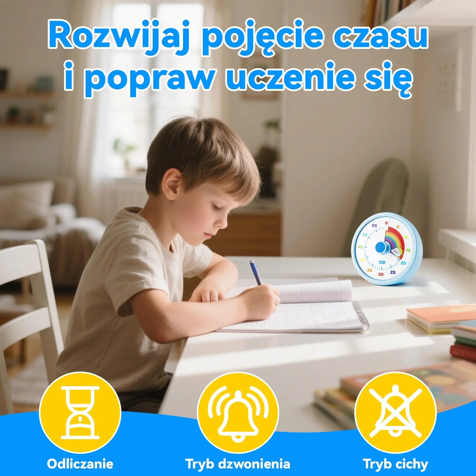 Wizualny timer dla dzieci i dorosłych, Rainbow Disk 60 Minute Countdown z trybami cichym i głośnym, narzędzie do zarządzania czasem (niebieski)