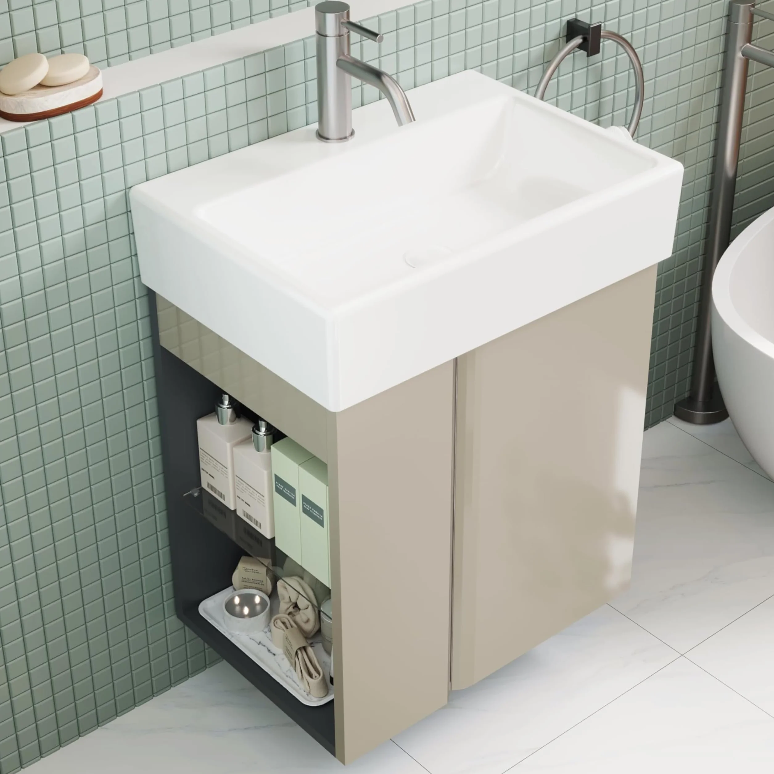 Szafka Łazienkowa 50 cm Z Ceramiczną Umywalką Do Toalety Gościnnej, Kompaktowy Mebel Do Małych Przestrzeni, Połyskujący Taupe