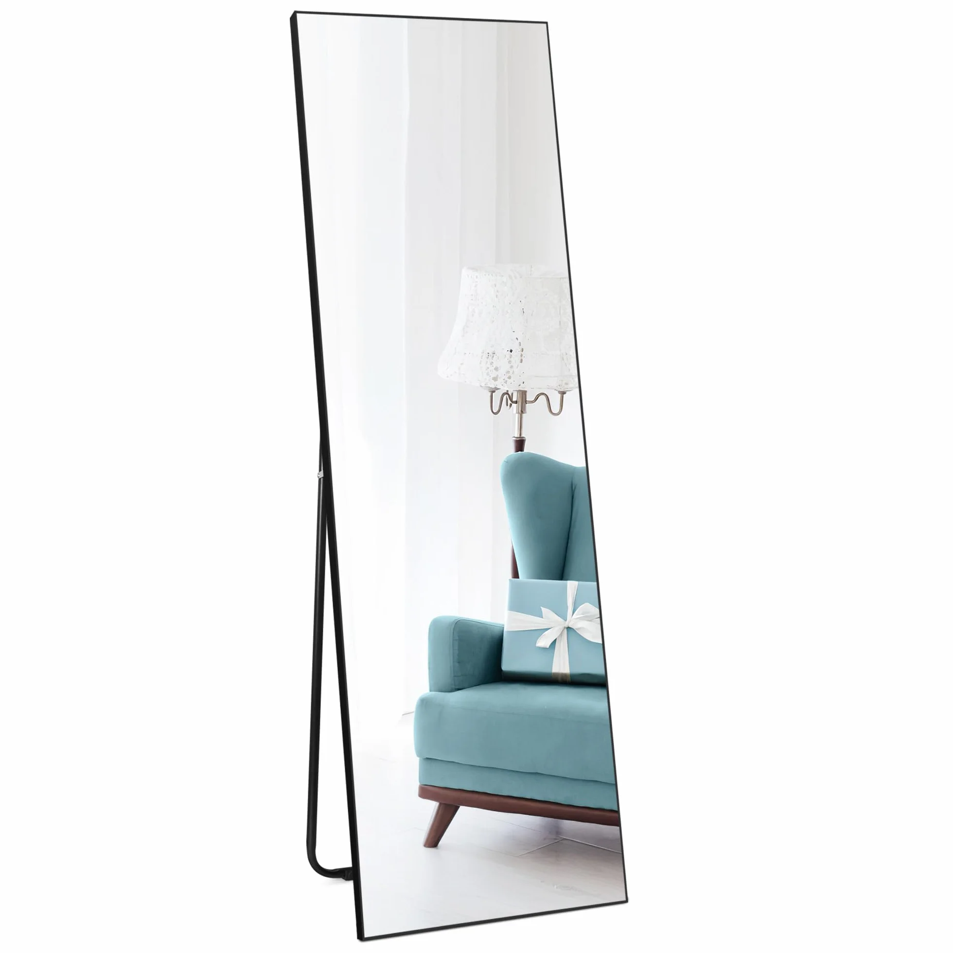 Lustro stojące z czarną ramą PCW i szkłem hartowanym, idealne do sypialni, salonu, przedpokoju lub łazienki, 150 x 41 cm